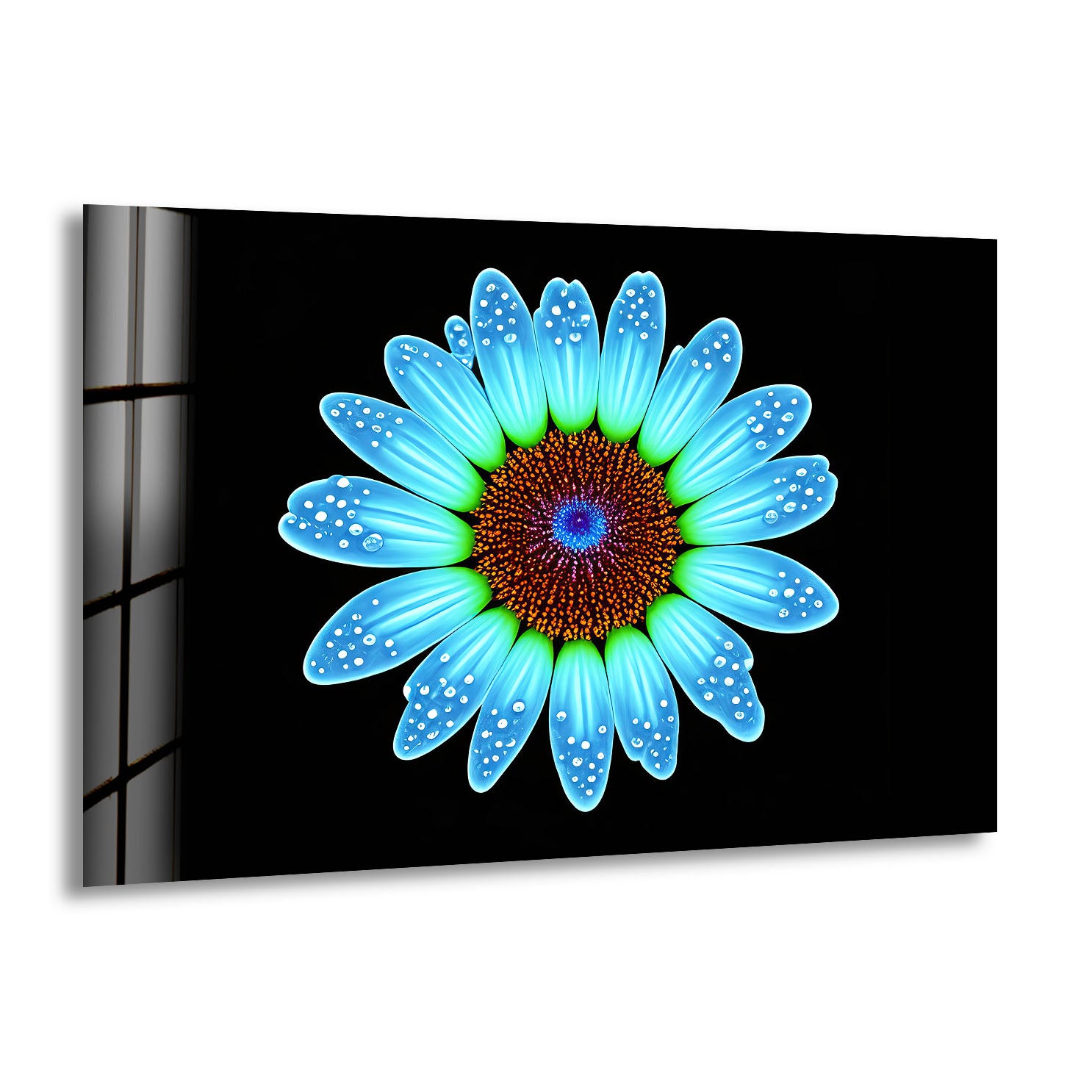 Blue Daisy Flower Wall Art - Luminous Glass Print on Black Background with Water Droplet Detail | Modern Home Decor for Living Room, Bedroom & Office | Elegant Botanical Wall Decor for Contemporary Interiors