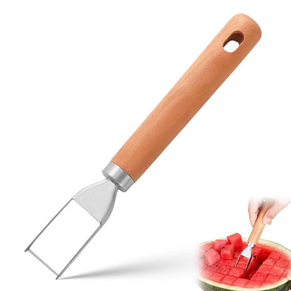 Premium Stainless Steel Fruit Cutter with Wooden Handle - Melon Baller, Cube Cutter & Carving Tool Set for Watermelon, Cantaloupe & Kitchen Fruits | Perfect for Fruit Salads, Party Platters & Creative Food Presentation