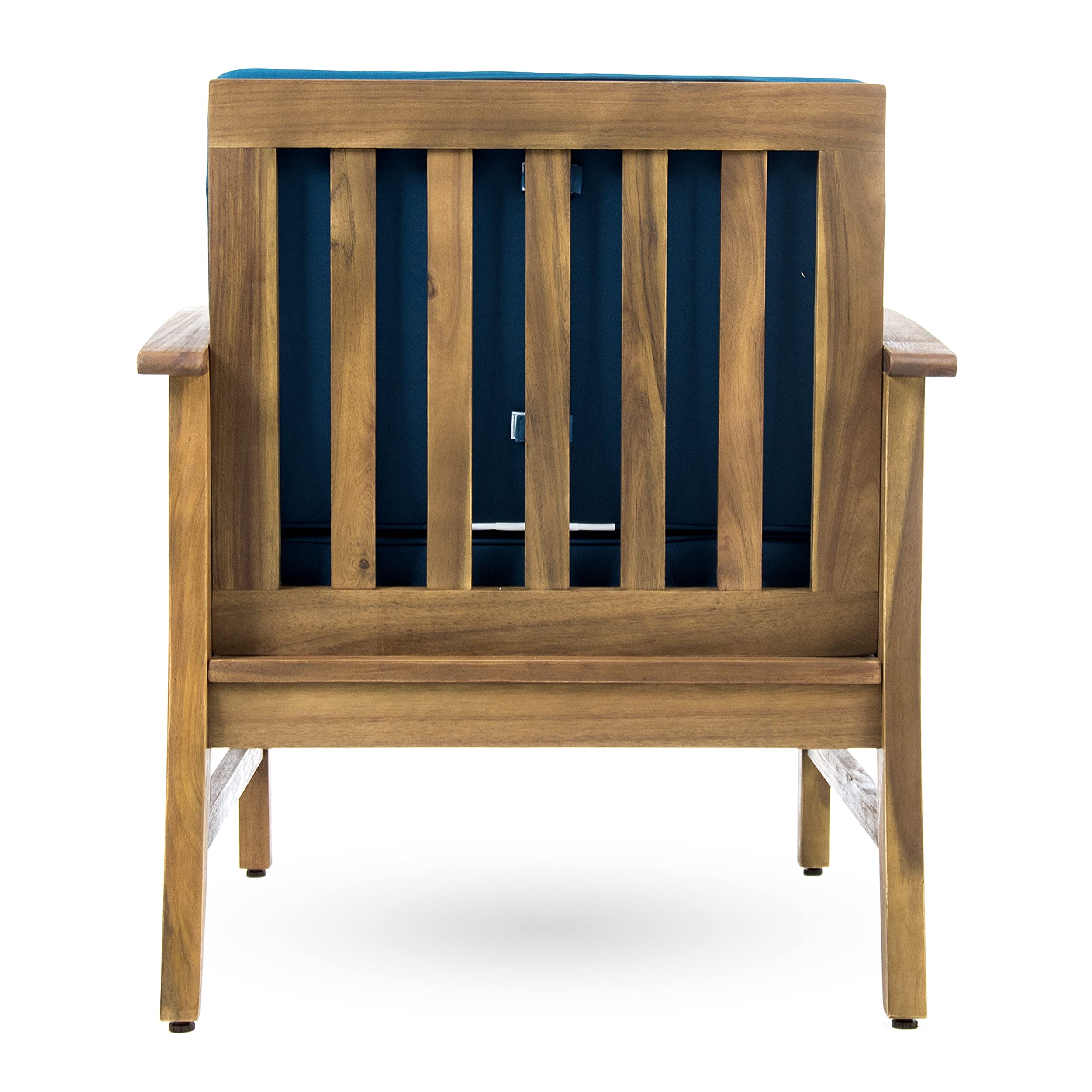 Christopher Knight Home Perla Outdoor Acacia Wood Club Chairs Set of 2 with Water Resistant Cushions - Teak Finish & Blue Fabric - Patio, Garden, Poolside Lounge Furniture for Backyard & Outdoor Relaxation