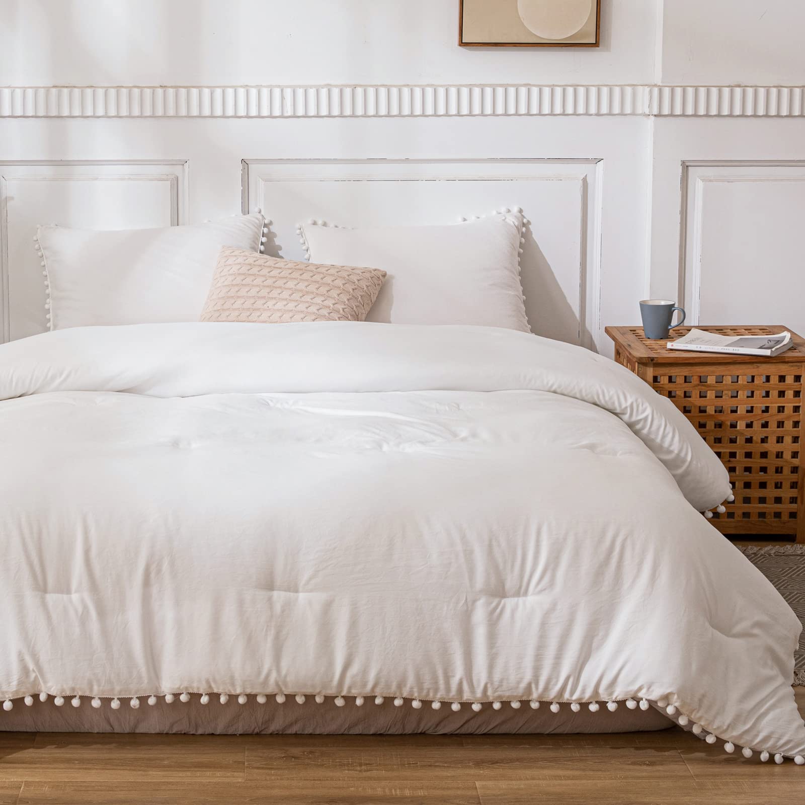 White Pom Poms Fringe Duvet Cover Set & Comforter Set Bundle - Soft & Stylish Bedding for Girls' Room, Teen Bedroom & Boho Chic Decor