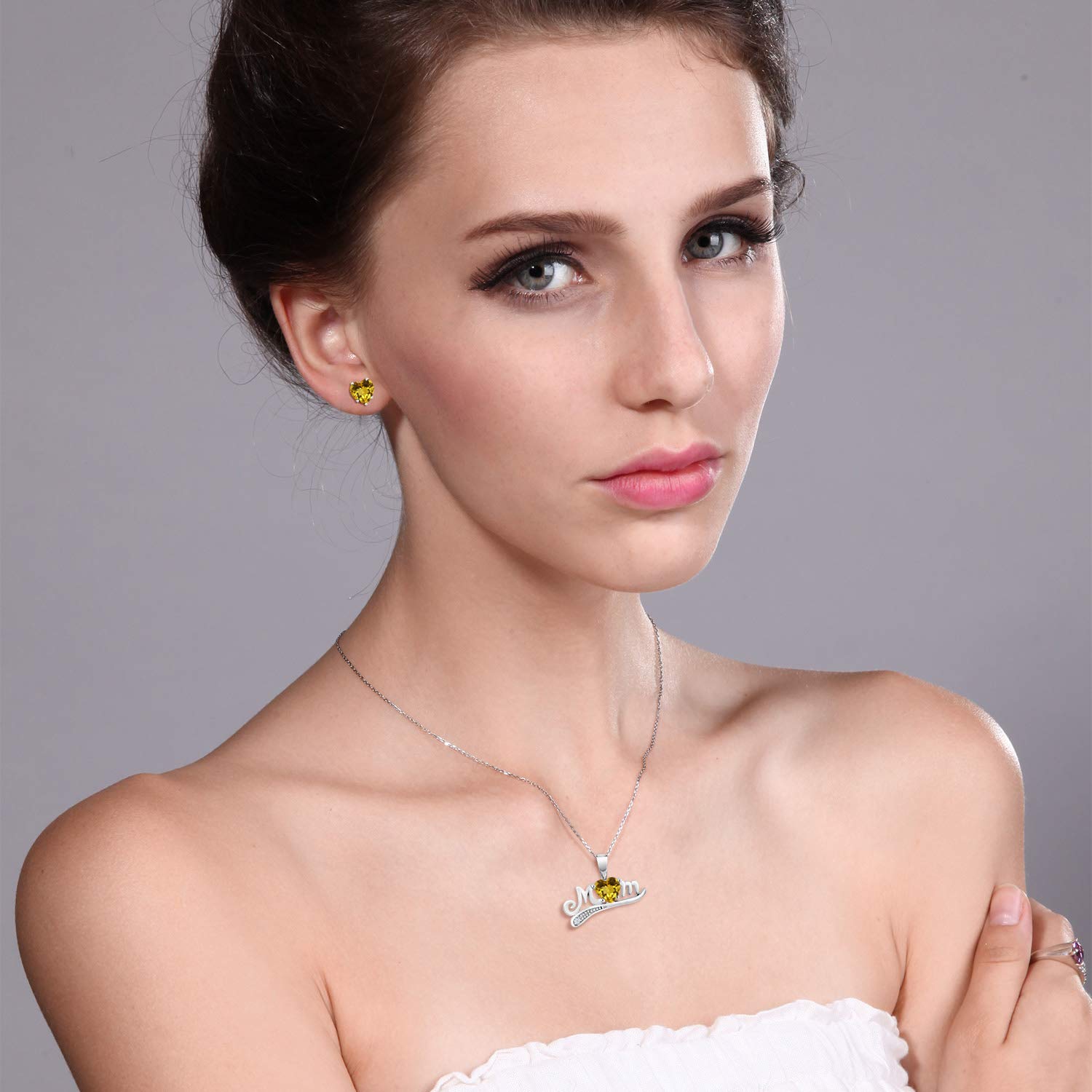 Gem Stone King 925 Sterling Silver 'Mom' 1.39Ct Heart-Shaped Yellow Citrine Pendant & Earrings Jewelry Set - Perfect Gift for Mother's Day, Birthday & Anniversary
