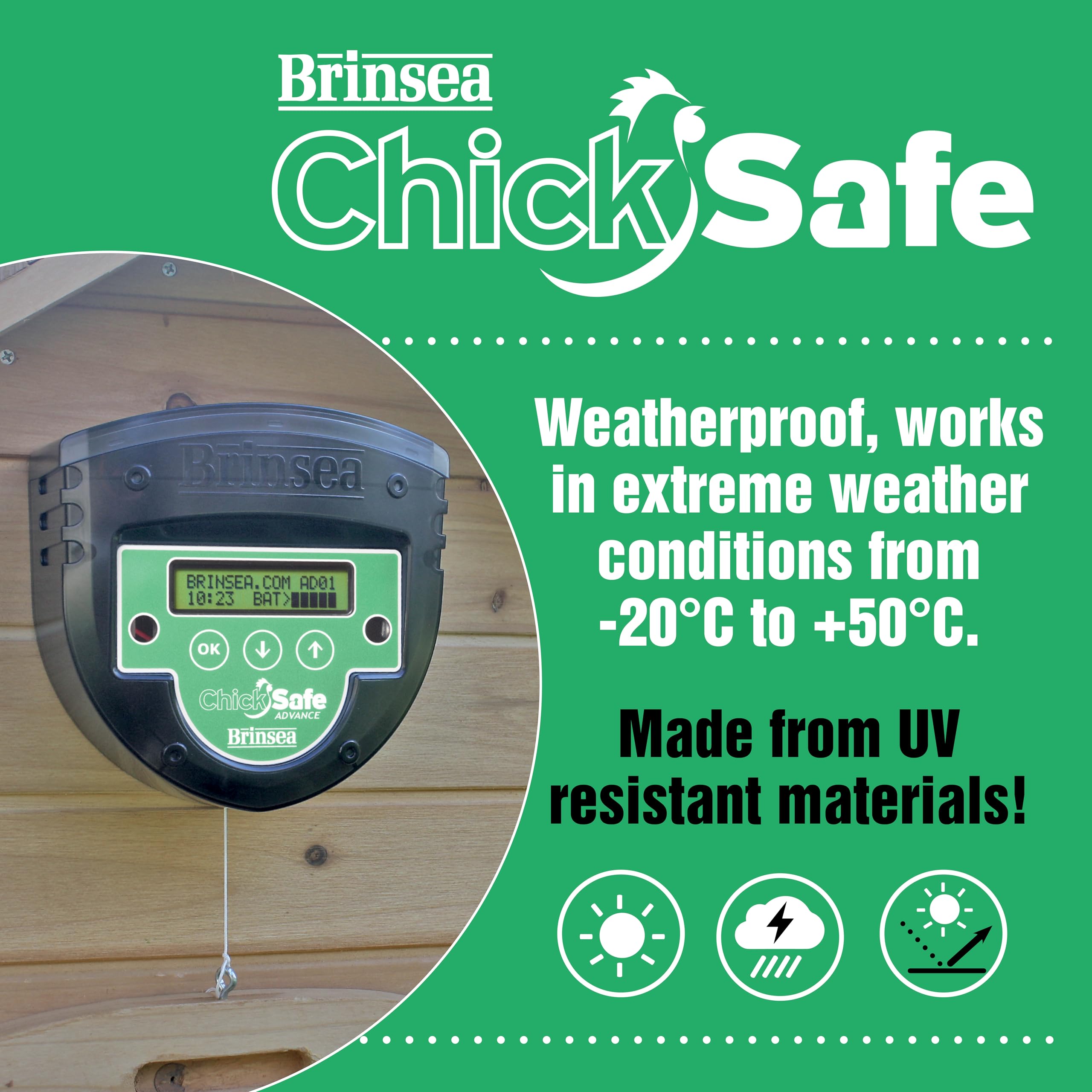 Brinsea ChickSafe Advance Automatic Chicken Coop Door Opener - Programmable Timer & Digital Display for Vertical Sliding/Hinged Hen House Doors (8 lb Lift Capacity) - Perfect for Poultry Farms, Backyard Chicken Coops & Secure Nighttime Protection