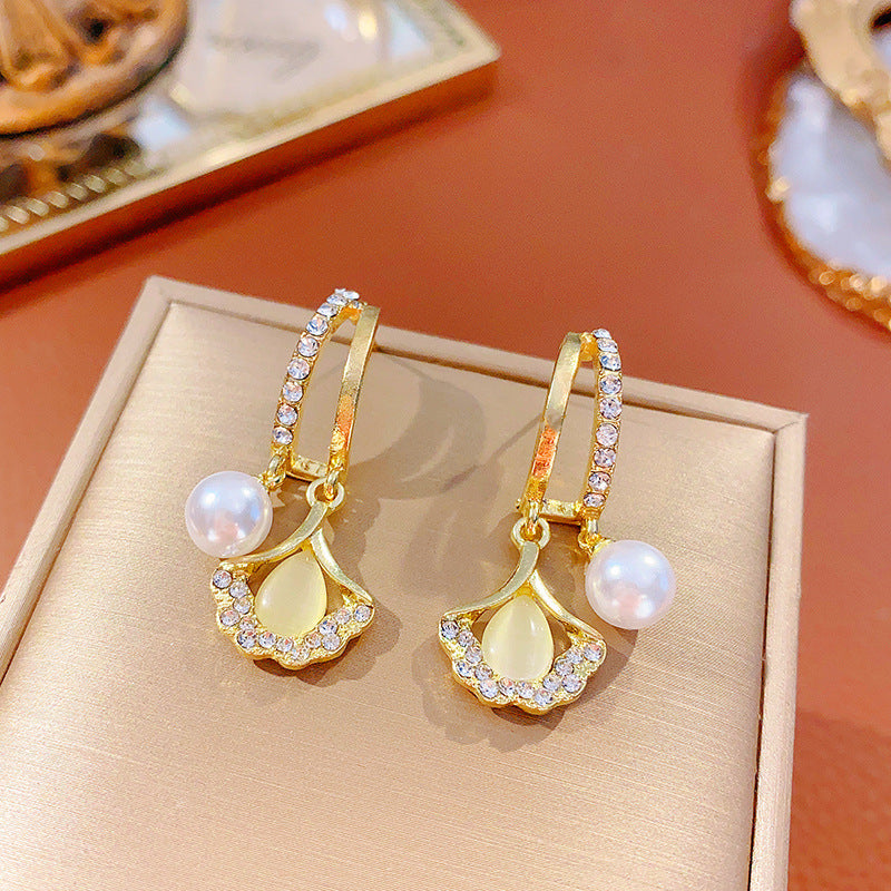 Ginkgo Leaf Hoop Earrings with Dangle Pearl | A8079 - Elegant Nature-Inspired Jewelry for Women, Perfect for Weddings, Parties & Everyday Wear