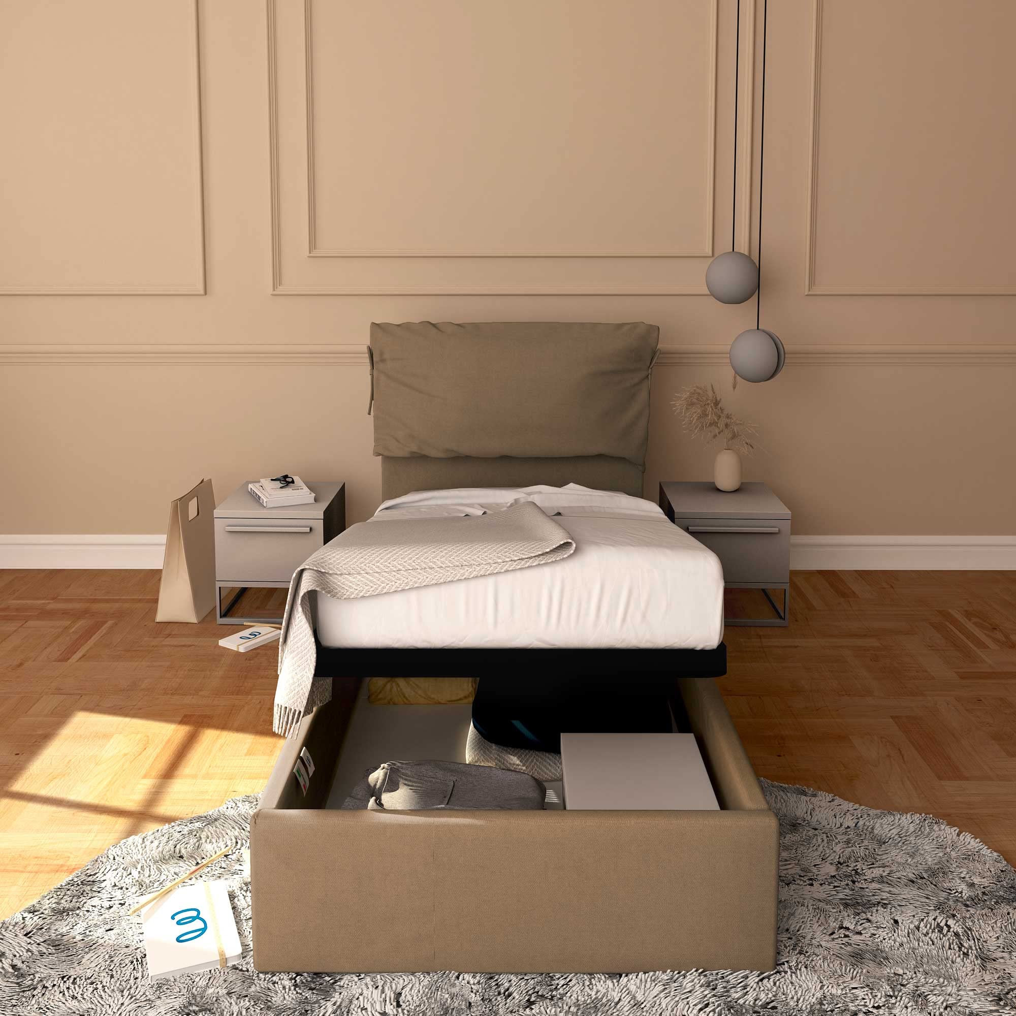 Baldiflex Single Bed Frame with Storage - Licia Soft Synthetic Leather Upholstery, Slatted Base for 90x200cm Mattress, Padded Headboard in Mole Gray - Perfect for Small Bedrooms, Guest Rooms & Studio Apartments