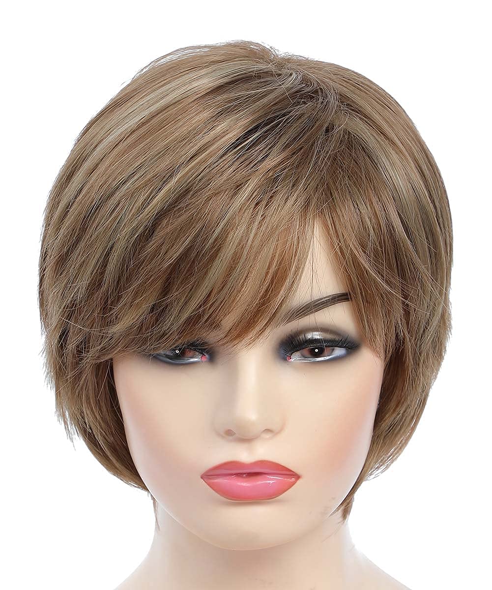 Pixie Cut Layered Short Brown Synthetic Wig with Bangs for Women - Straight Blonde Mixed Brown Hairpiece | Perfect for Cosplay, Daily Wear & Costume Parties