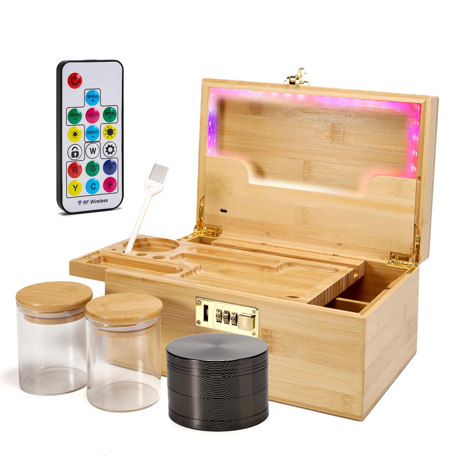 Large Bamboo Storage Box with Combination Lock - Home Decor Organizer with 12 Color LED Lighting Modes | Perfect for Jewelry, Cash, Documents & Bedroom Storage