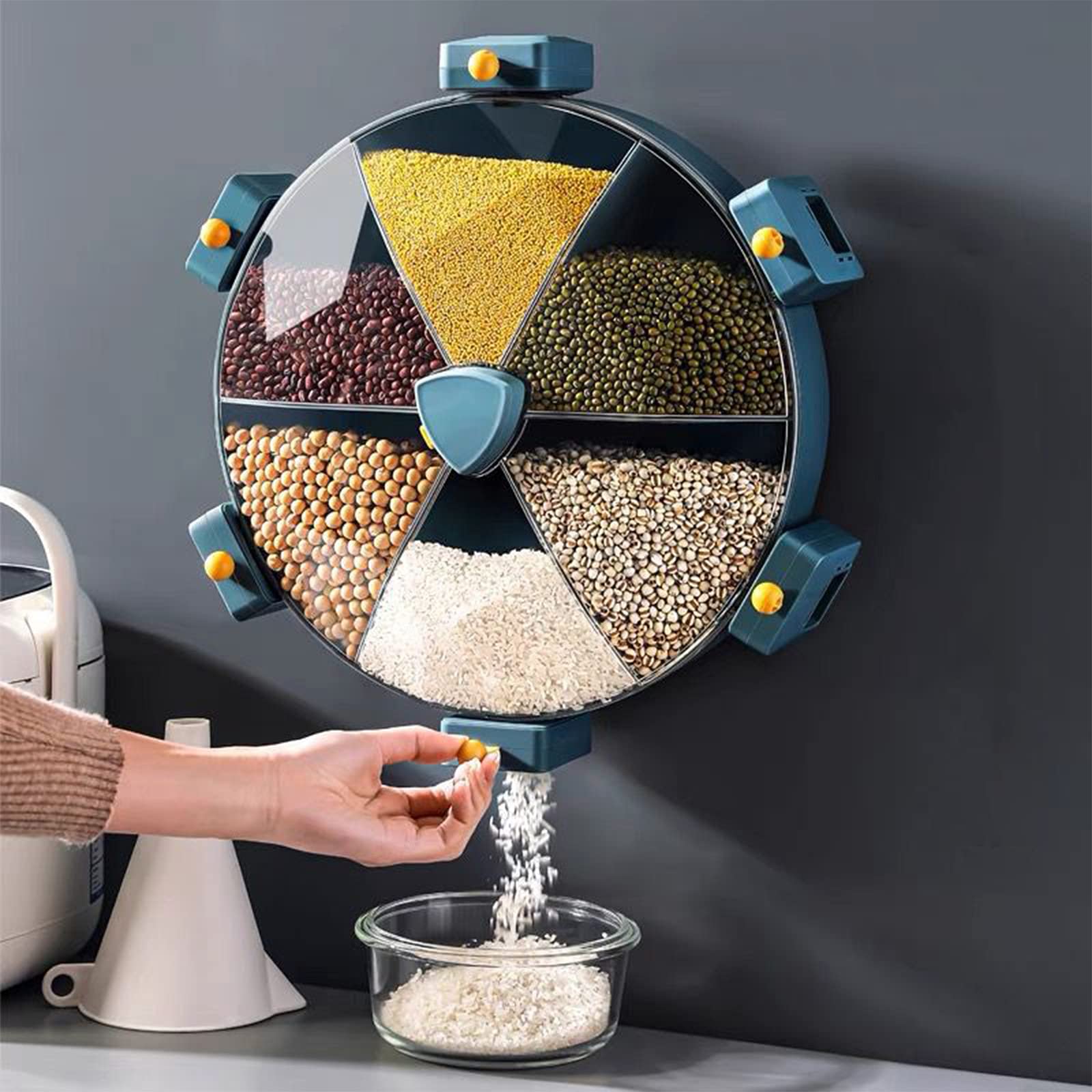 Wall-Mounted Rotary Food Dispenser - 6-Compartment Cereal & Grain Storage Container, Airtight Kitchen Organizer for Rice, Pasta, Snacks (Blue) - Perfect for Pantry, Cabinet & Countertop Organization