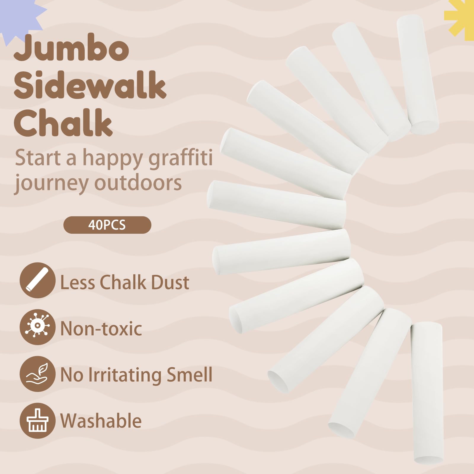 Fulmoon 40 Pcs Jumbo Sidewalk Chalk for Kids - Non Toxic Large Washable Street Chalk for Outdoor Art, Drawing, Painting & Graffiti - Perfect for Classroom, Driveway & Park Activities (White, Round Style)