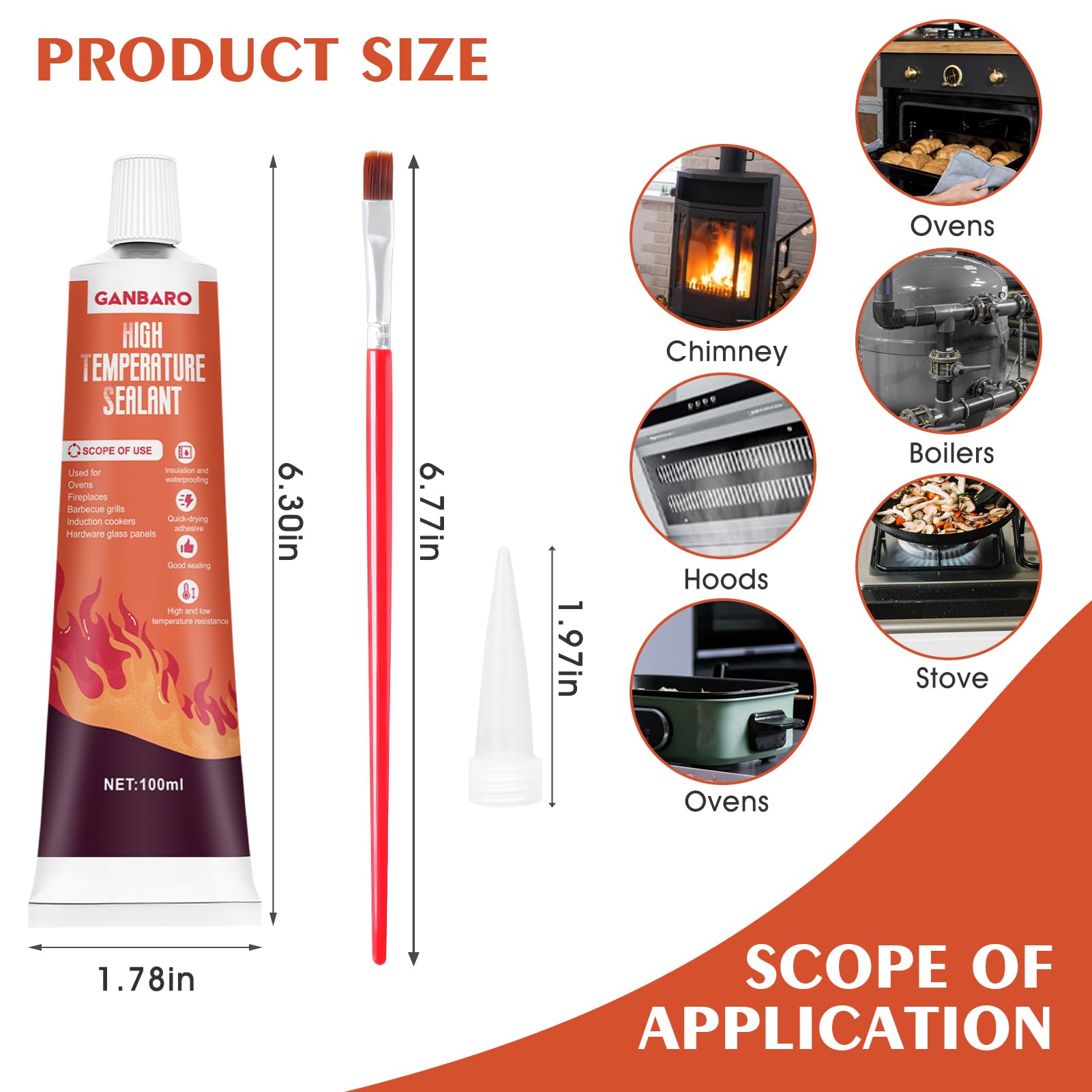 Ganbaro® 482°F High Temperature Silicone Sealant - Heat Resistant Adhesive Glue for Oven, Grill, Microwave - Fast Drying Waterproof Sealant with Brush (100ml, Black) - Perfect for DIY Repairs, Home Appliances & High Heat Applications