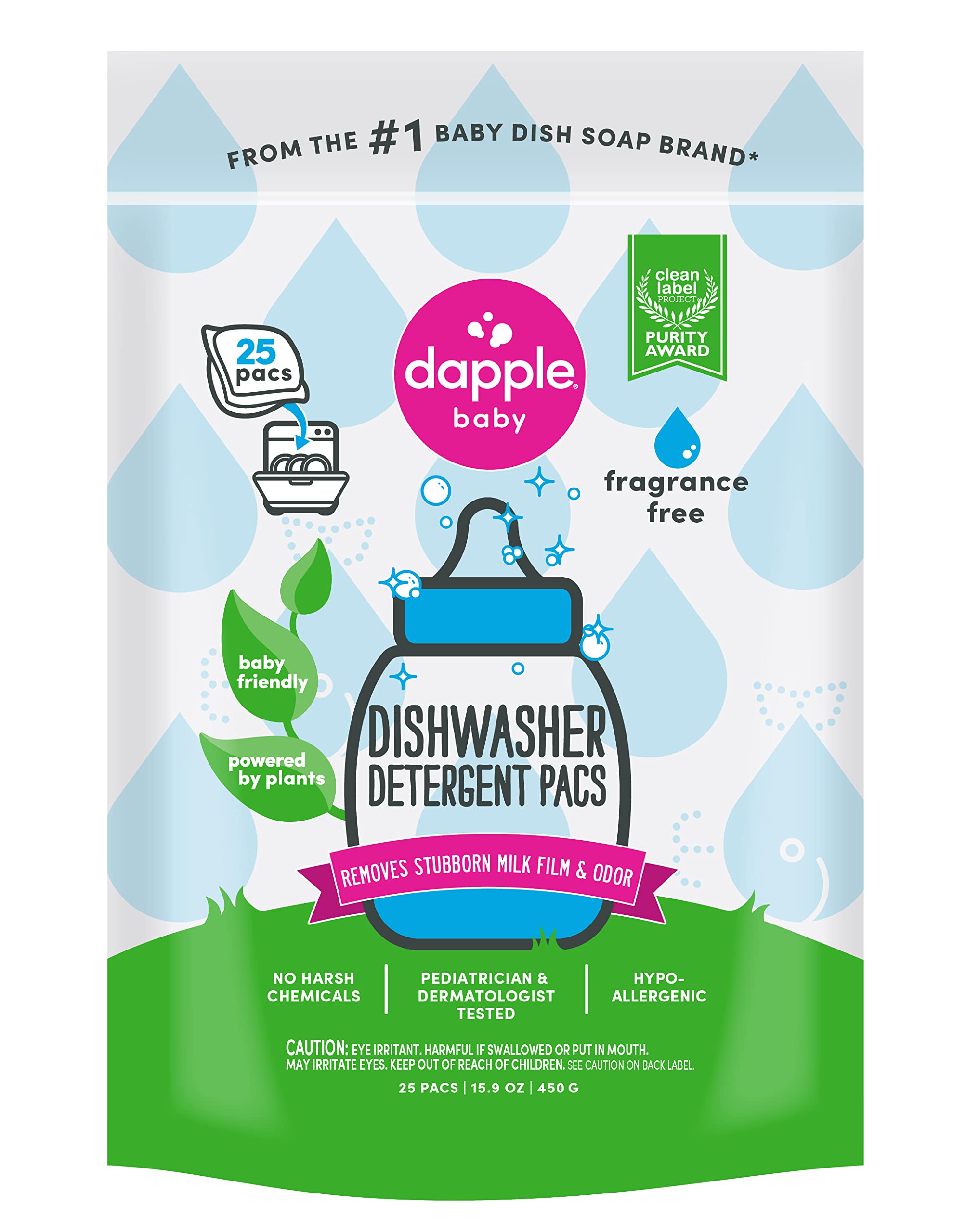 DAPPLE Fragrance Free Baby Dishwasher Pods - Plant-Based, Hypoallergenic Dishwashing Detergent Pacs (25 Count) - Safe for Baby Bottles, Sippy Cups & Toddler Utensils