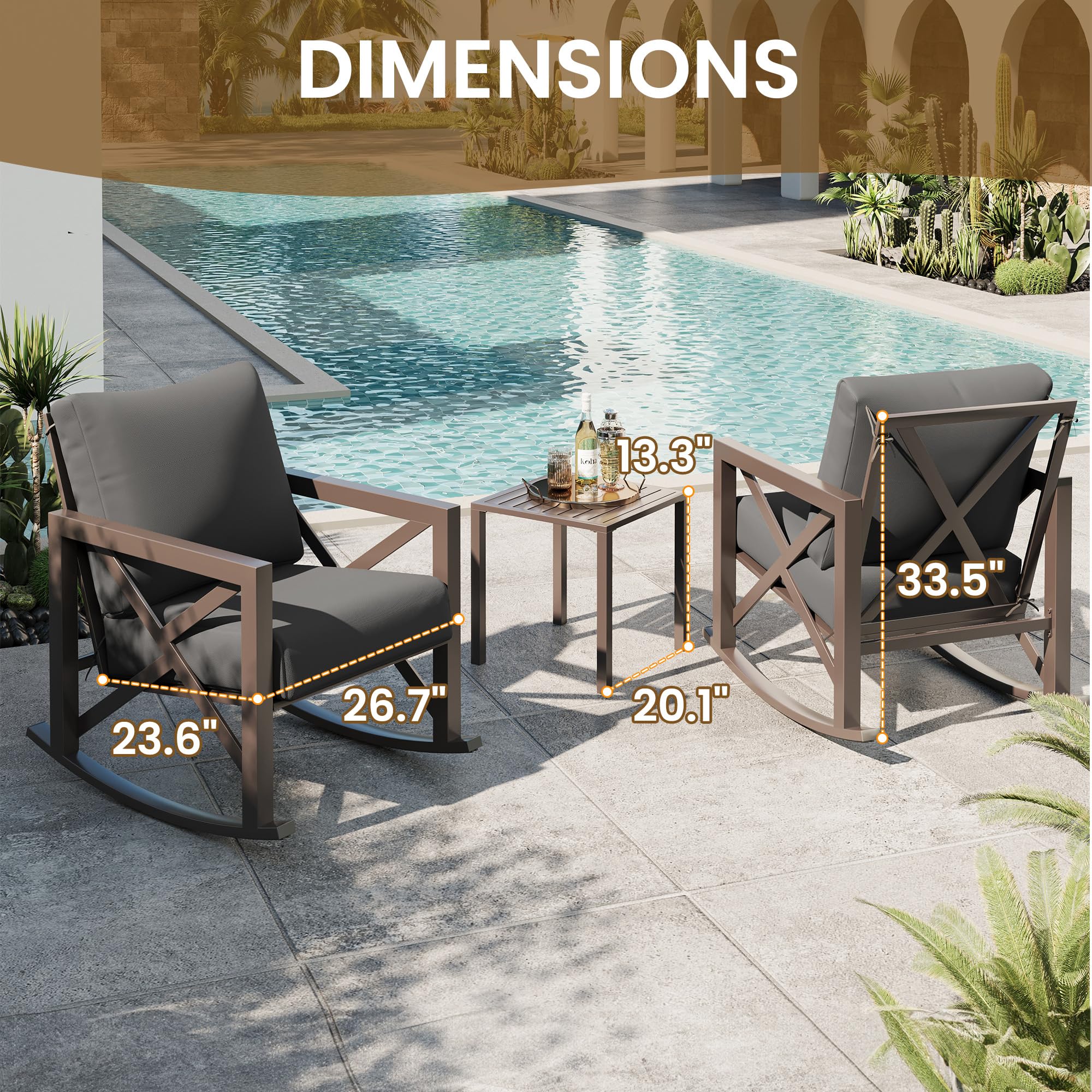 UDPATIO 3-Piece Outdoor Rocking Chair Set with 6.5
