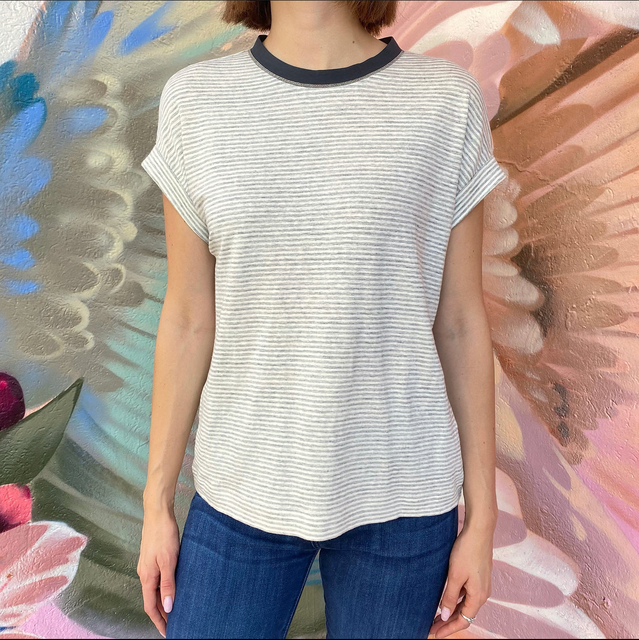 Brunello Cucinelli Striped Linen T-Shirt with Monili Neckline - Casual Summer Top for Women | Perfect for Beach Outings, Brunch Dates & Vacation Wear