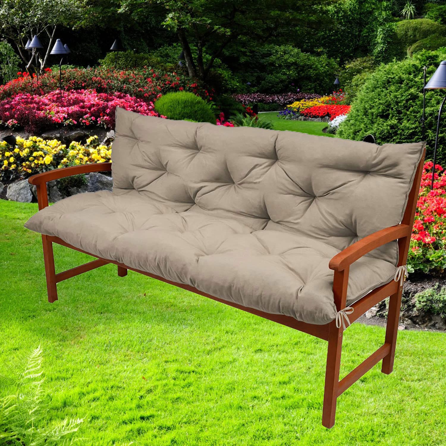 3-Seat Swing Replacement Cushions - Soft Waterproof Outdoor Bench Cushions with Backrest & Ties, Non-Slip Patio Swing Cushion Set for Garden, Porch, Deck (Khaki 40x47 Inch) - Perfect for Relaxing in Your Backyard or Outdoor Living Space