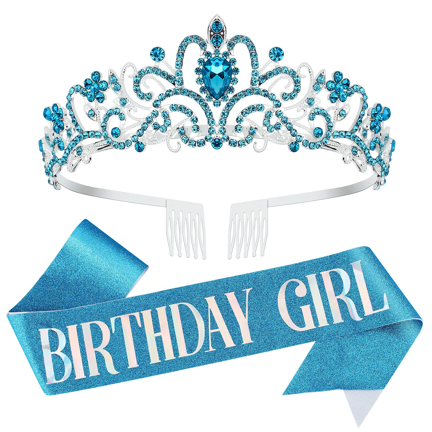VELSCRUN Girls Birthday Tiara Crown & Sash Set - Princess Party Decorations for Birthday Celebrations, Gifts for Girls | Perfect for Birthday Parties, Princess Themed Events & Photo Shoots