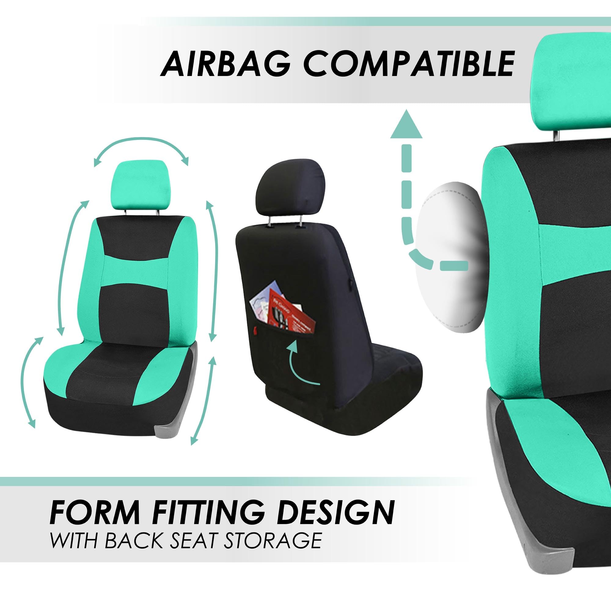 TLH Lightweight Breathable Mint Car Seat Covers - Split Bench Design with Airbag Compatibility | Waterproof Vinyl Floor Mats Set | Perfect for Summer Driving & Road Trips
