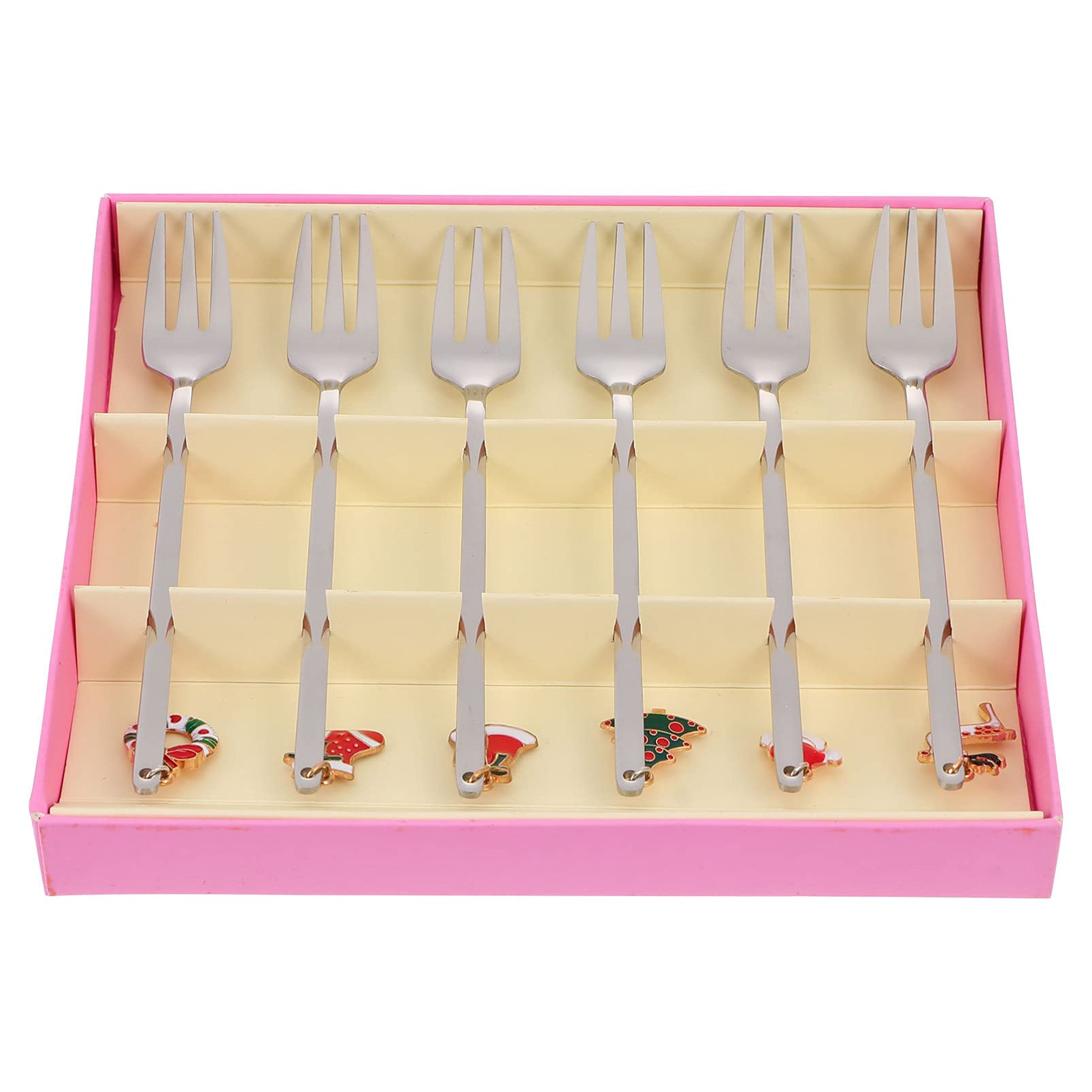 Hemoton 6-Piece Stainless Steel Dessert Forks Set - 2-Prong Appetizer Forks, Fruit Picks & Moon Cake Forks with Elegant Gift Box - Perfect for Christmas Parties, Weddings, Tea Time & Dessert Tasting (Silver)