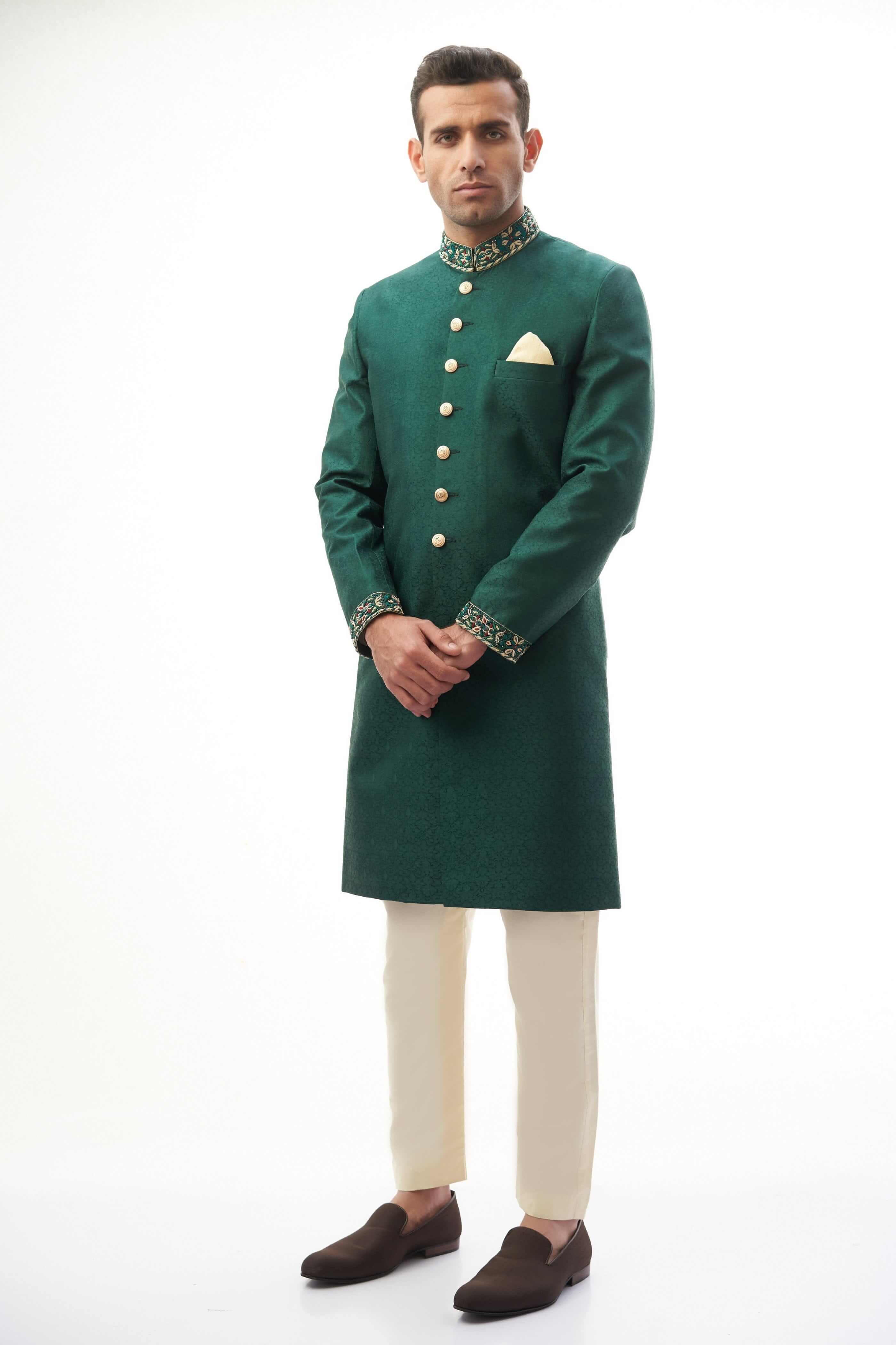Handmade Emerald Green Brocade Silk Sherwani with Zardozi Embroidery | Indian Wedding Attire for Groom & Groomsmen | Perfect for Festivals & Special Occasions