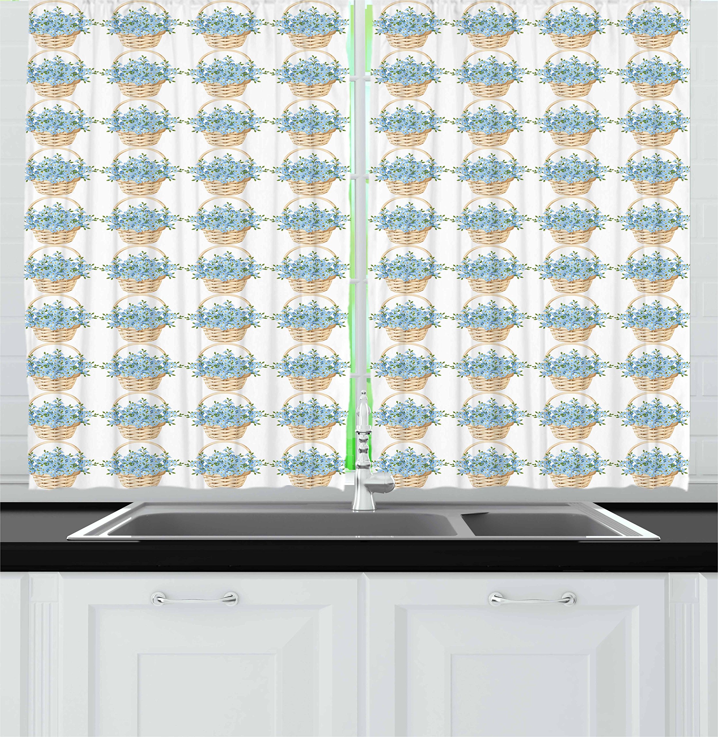 Ambesonne Ivory and Blue Kitchen Curtains Set of 2 Panels - Wicker Basket Floral Design for Spring Decor - 55
