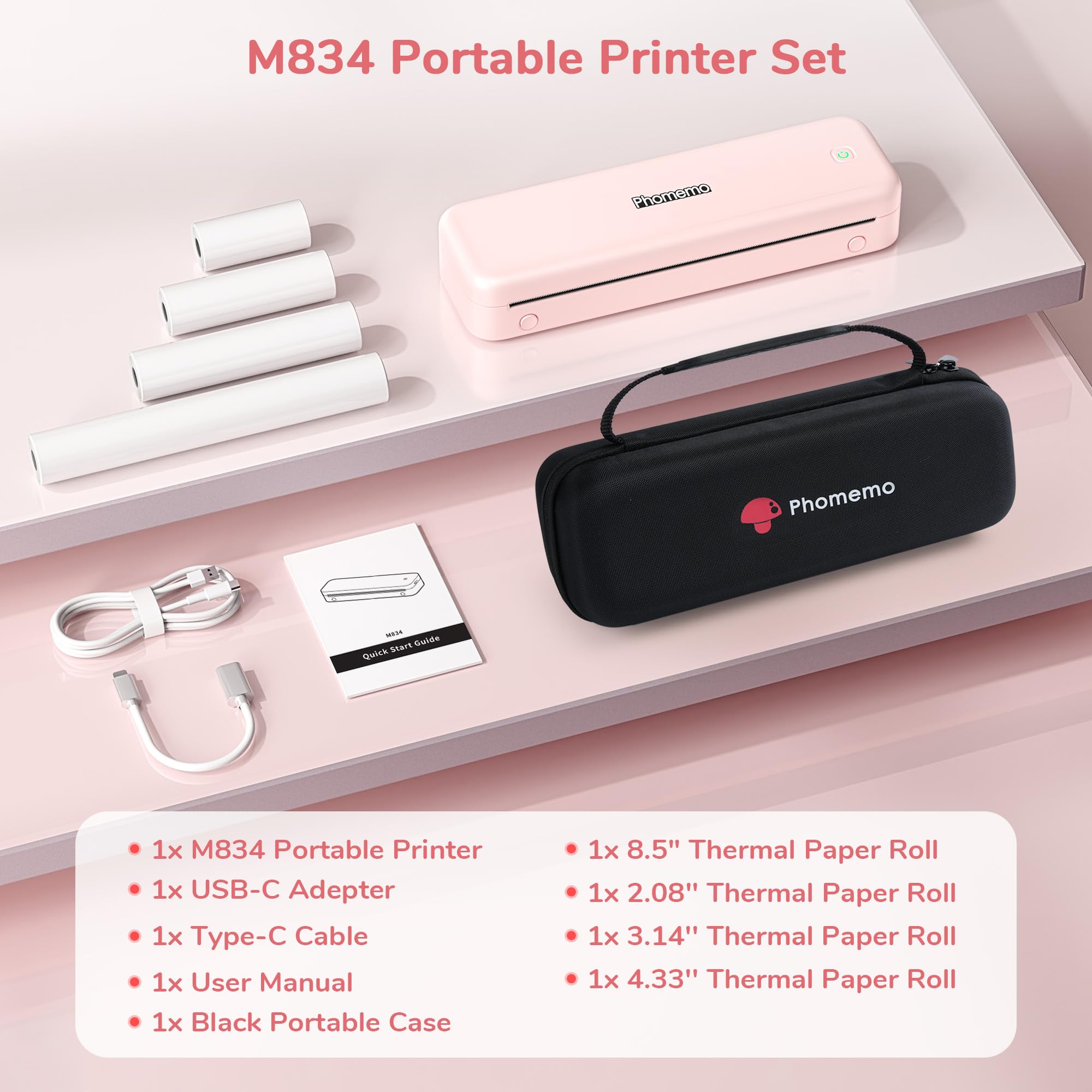 Phomemo M834 Bluetooth Thermal Printer - Wireless Portable Inkless Printer for Travel, Office & Home, 8.5x11 & A4 Size, Pink (with Carry Case) | Perfect for Printing Receipts, Labels, Photos & Documents On-The-Go