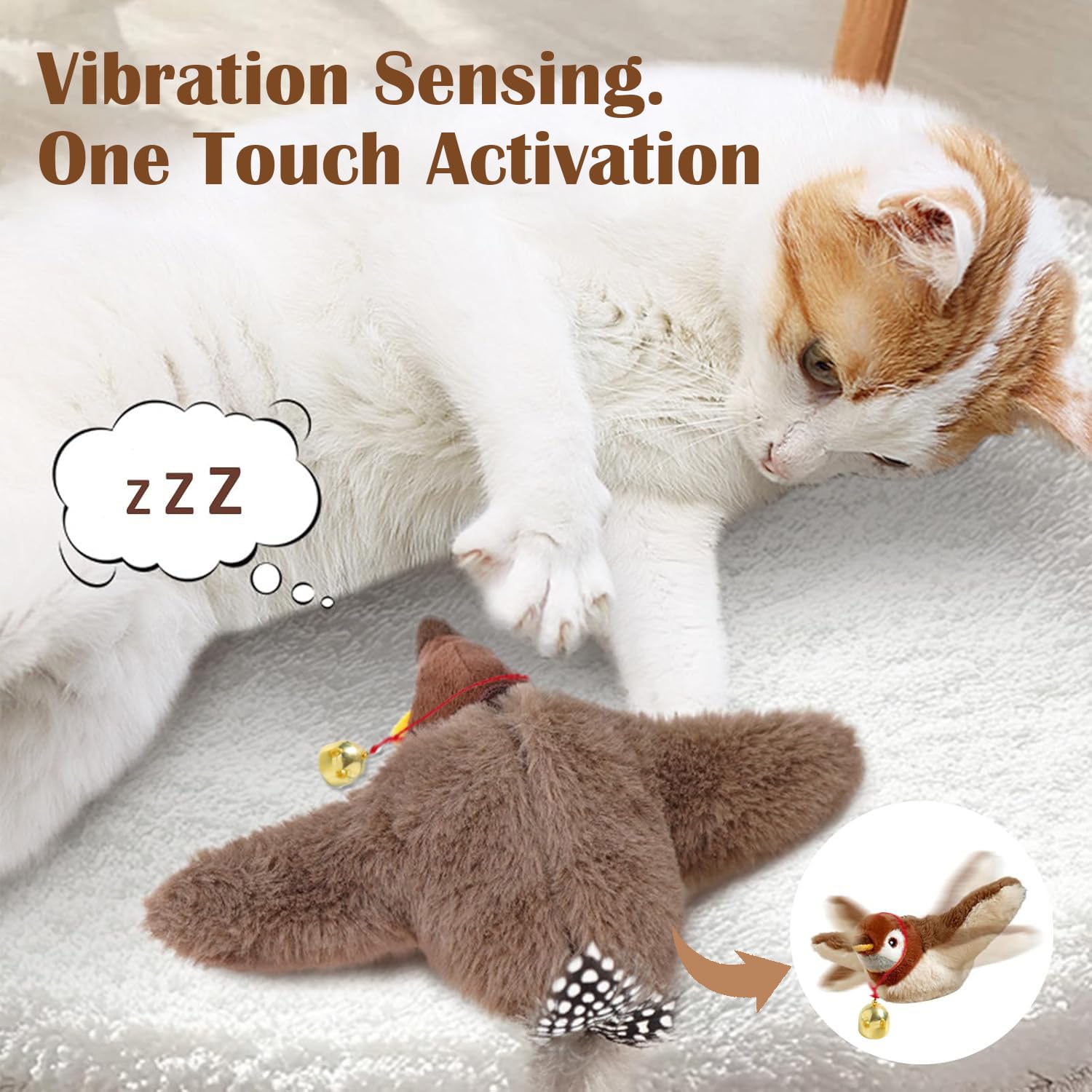 2025 New Interactive Flying Bird Cat Toy with Chirping Sound & Flapping Wings - Best Indoor Cat Toy for Bored Adult Cats - Brown - Perfect for Playtime & Exercise