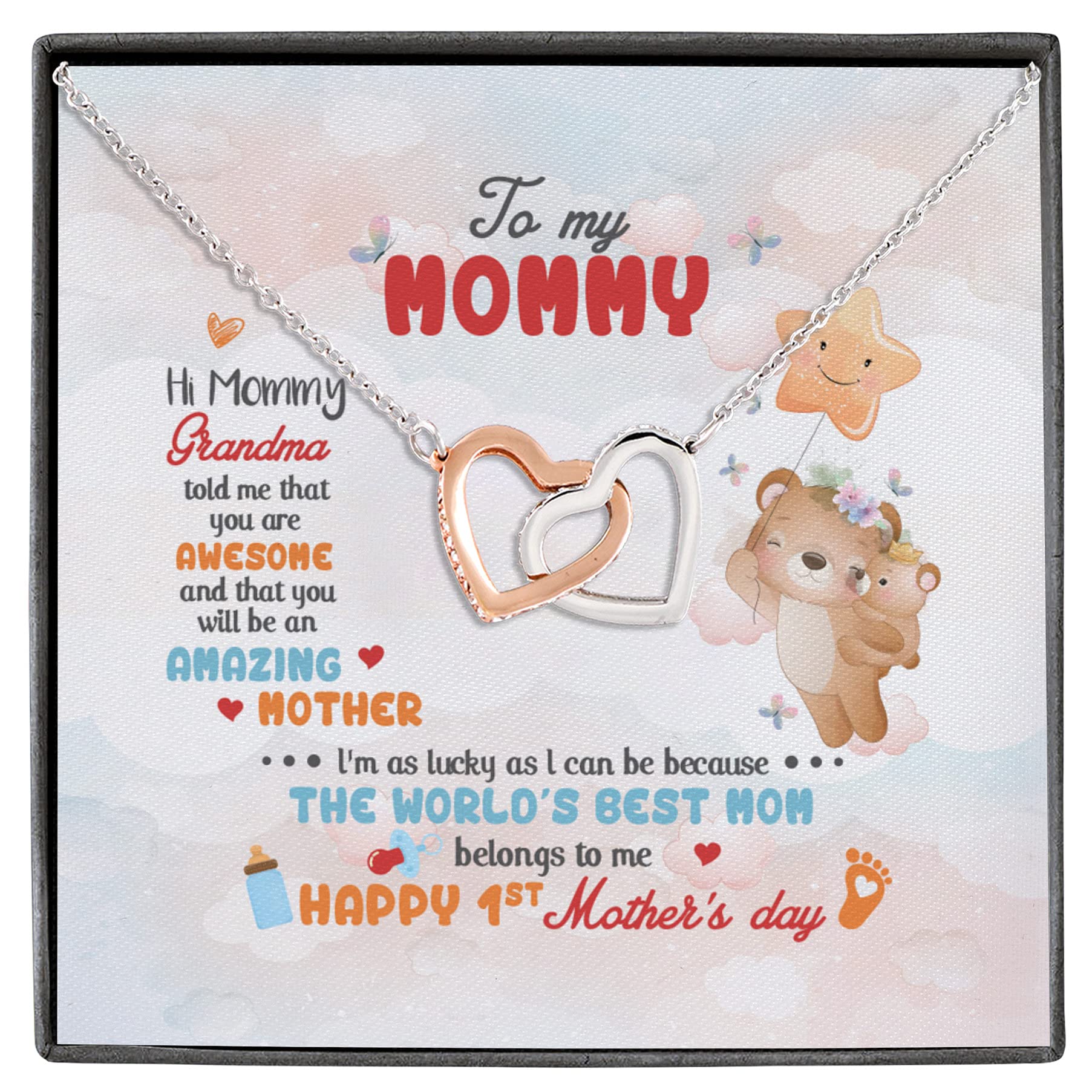 Interlocking Hearts Pendant Necklace - Gift for Mom with Card & Box