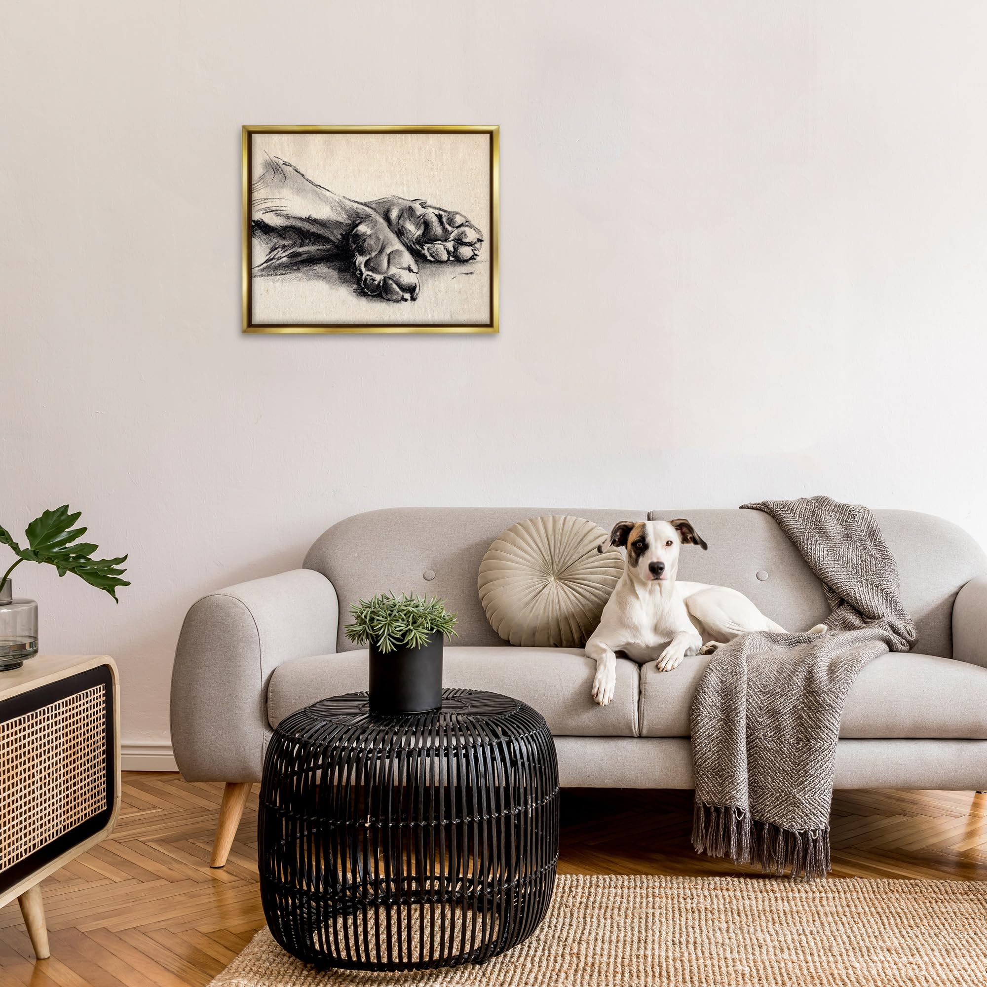 Striking Dog Paw Charcoal Art Print - Minimalist Tan & Black Framed Wall Decor by Jennifer Paxton Parker | Perfect for Pet Lovers' Living Room, Bedroom or Office