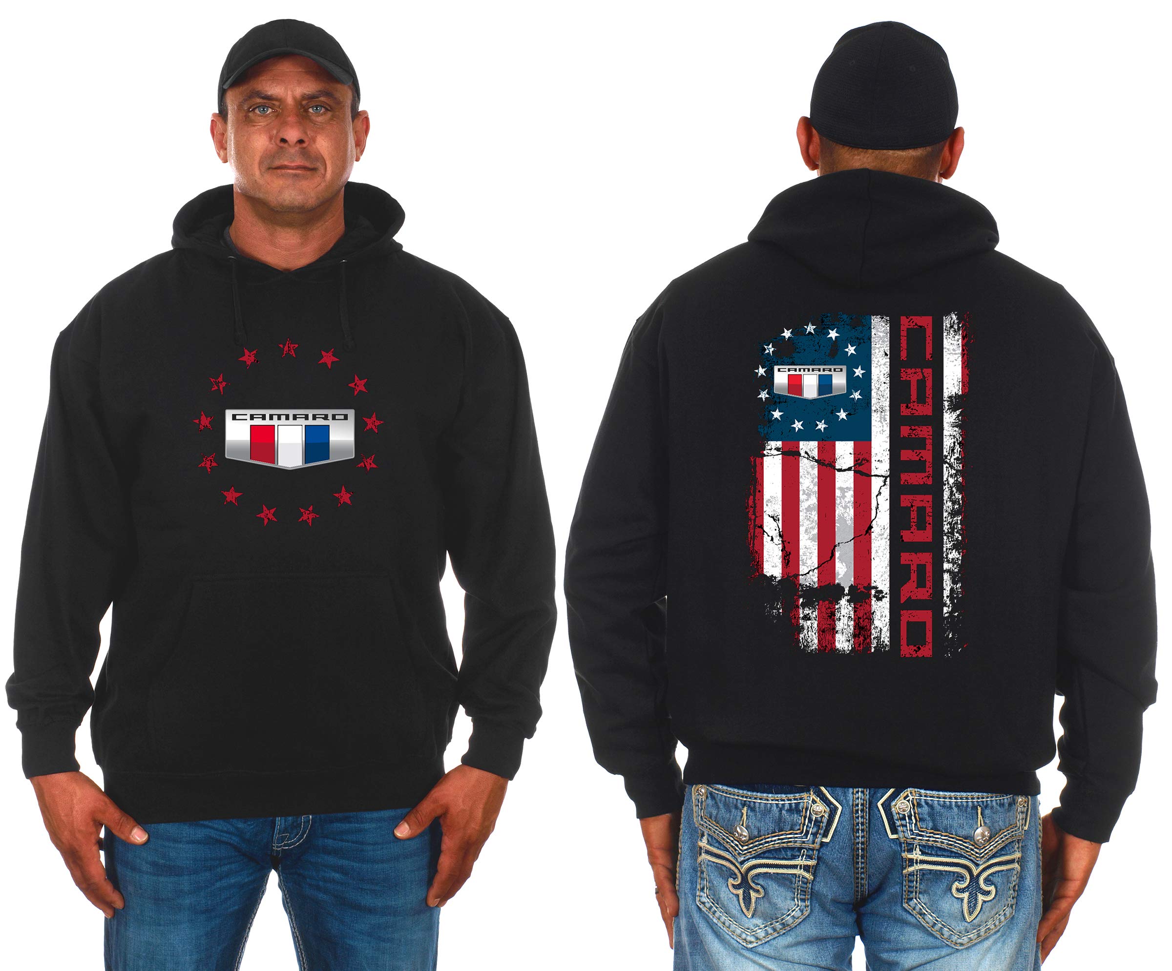 JH DESIGN GROUP Men's Chevy Camaro Hoodie - USA Flag Print 2-Sided Pullover Sweatshirt for Casual Wear & Car Enthusiasts