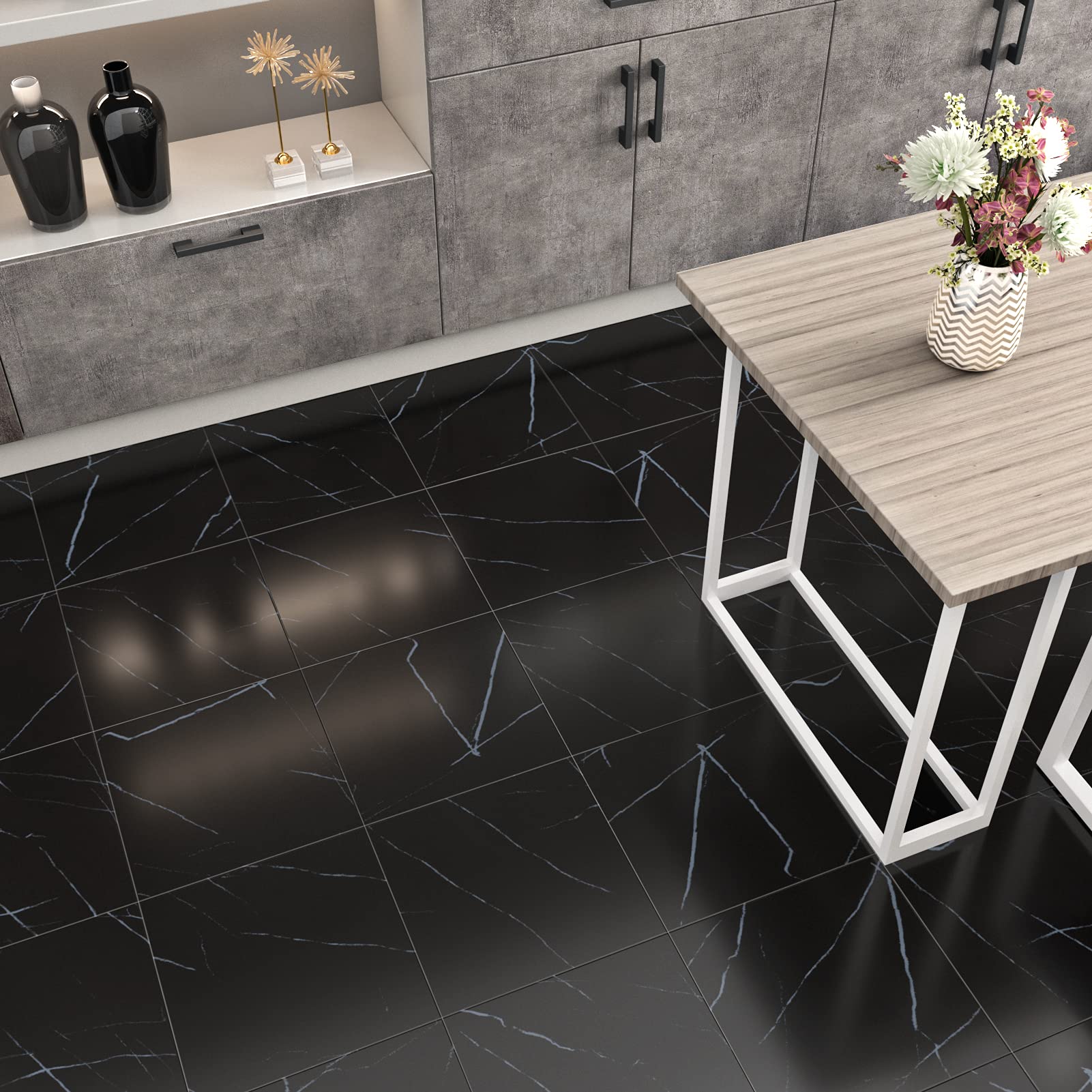 Premium Black Marble Peel and Stick Vinyl Floor Tiles - 12