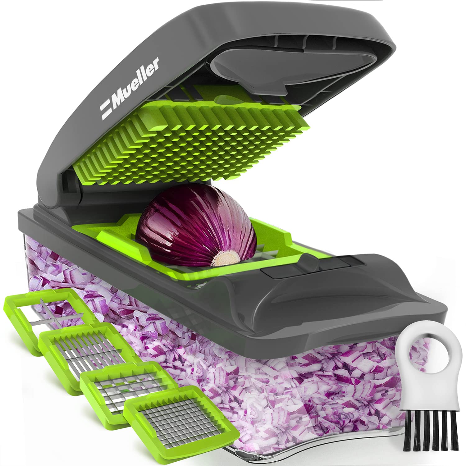 MuellerLiving 4-Blade Onion Chopper - Multi-Functional Vegetable Dicer, Grape Cutter & Egg Cheese Slicer with Storage Container - Perfect for Meal Prep, Salad Making & Kitchen Efficiency