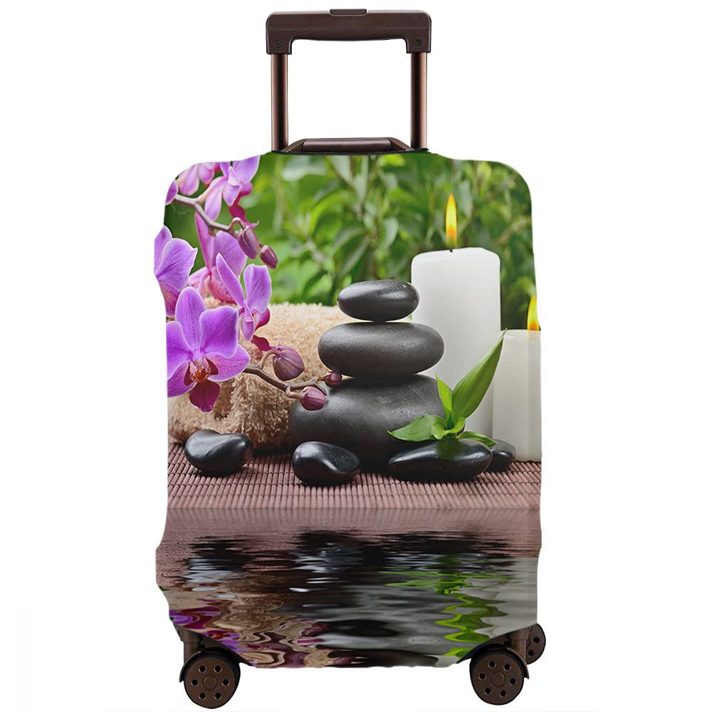 Wondertify Zen Basalt Stones Orchid Travel Suitcase Protector - Bamboo Black Pebble Rock Elastic Washable Luggage Cover with Concealed Zipper (Fits 29-32 Inch) - Perfect for Airplane Travel, Vacation & Business Trips