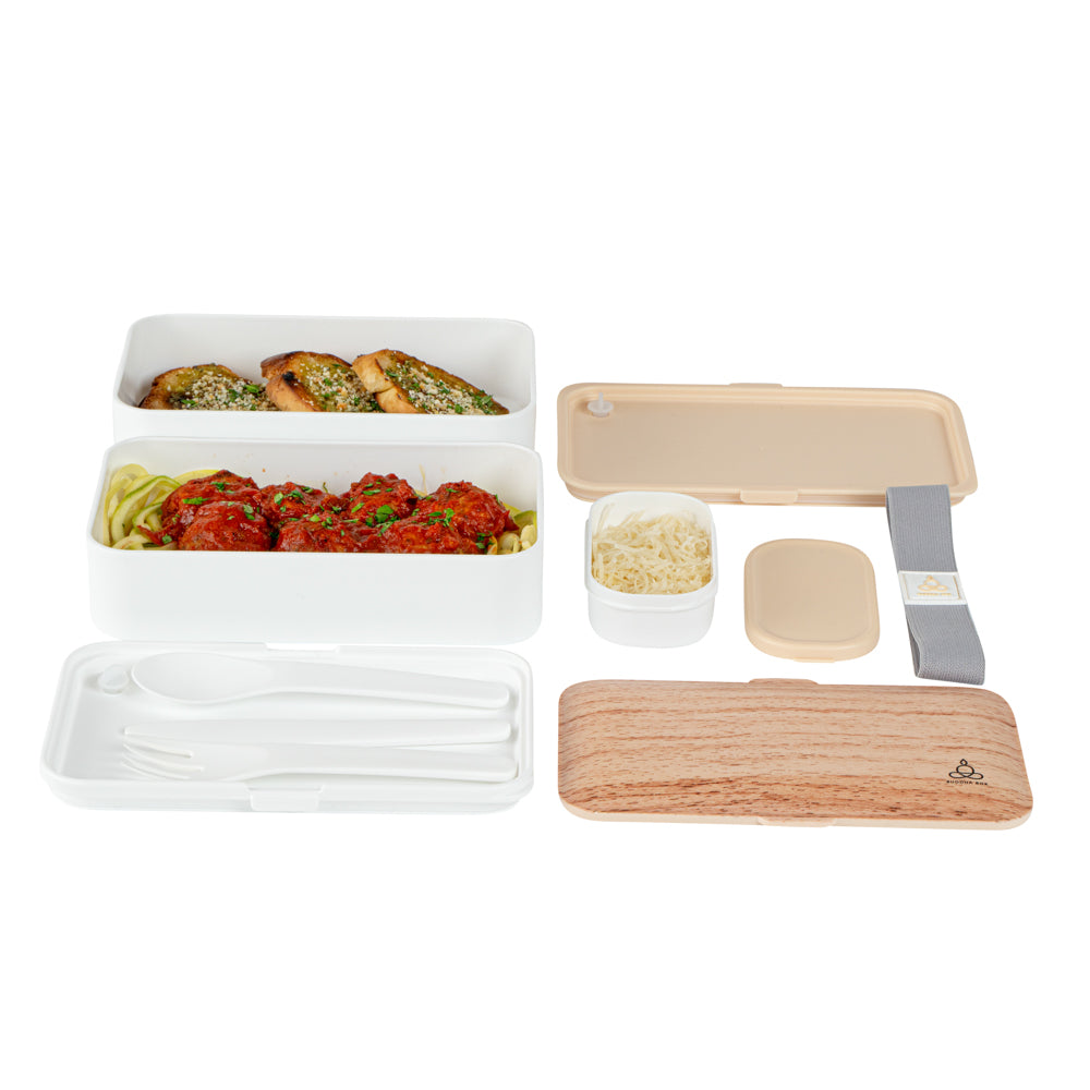 Bento Tek 41 oz Wood Grain & White Buddha Lunch Box with Utensils & Sauce Cup | 7.25