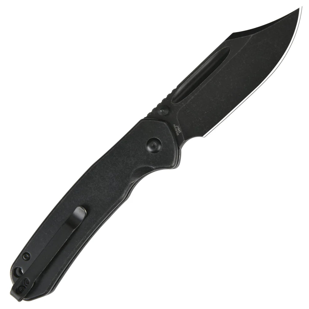 CJRB Pyrite Button Lock Folding Knife - Black Stonewash Drop Point Blade & Stainless Steel Handle - EDC Pocket Knife for Camping, Hiking, Outdoor Survival