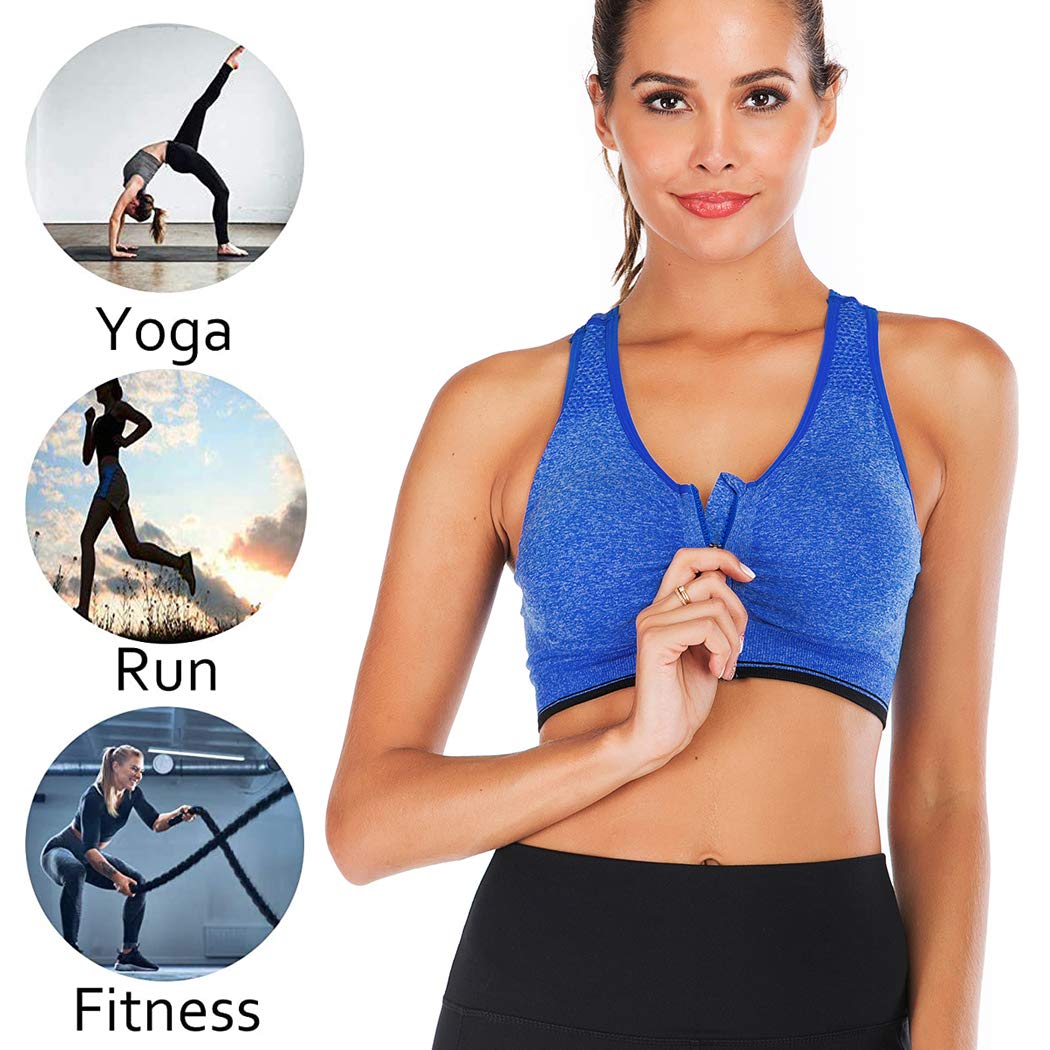 FLORATA Women's Zip Front Sports Bra - Wireless Post-Surgery Bra with Removable Pads for Yoga, Running & Gym Workouts | Comfortable Support for Active Lifestyles