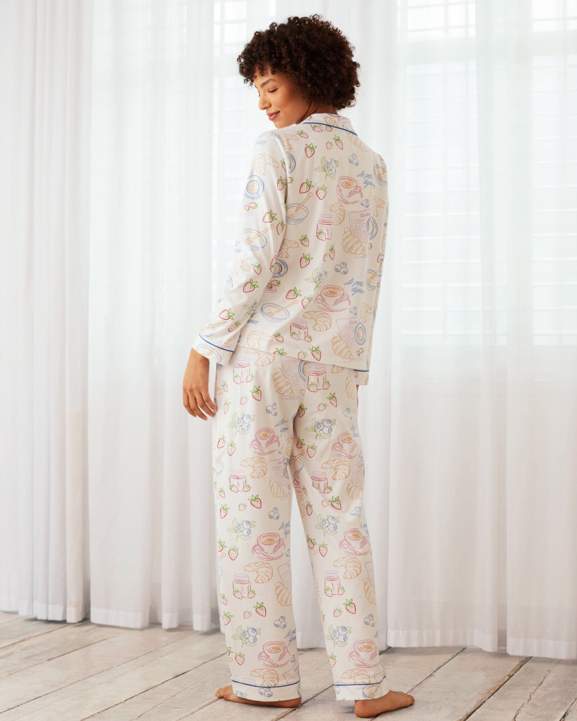 Organic Cotton Breakfast Print Long Sleeve Pajama Set for Women - Cozy & Comfortable Sleepwear for Nighttime Relaxation & Lounging