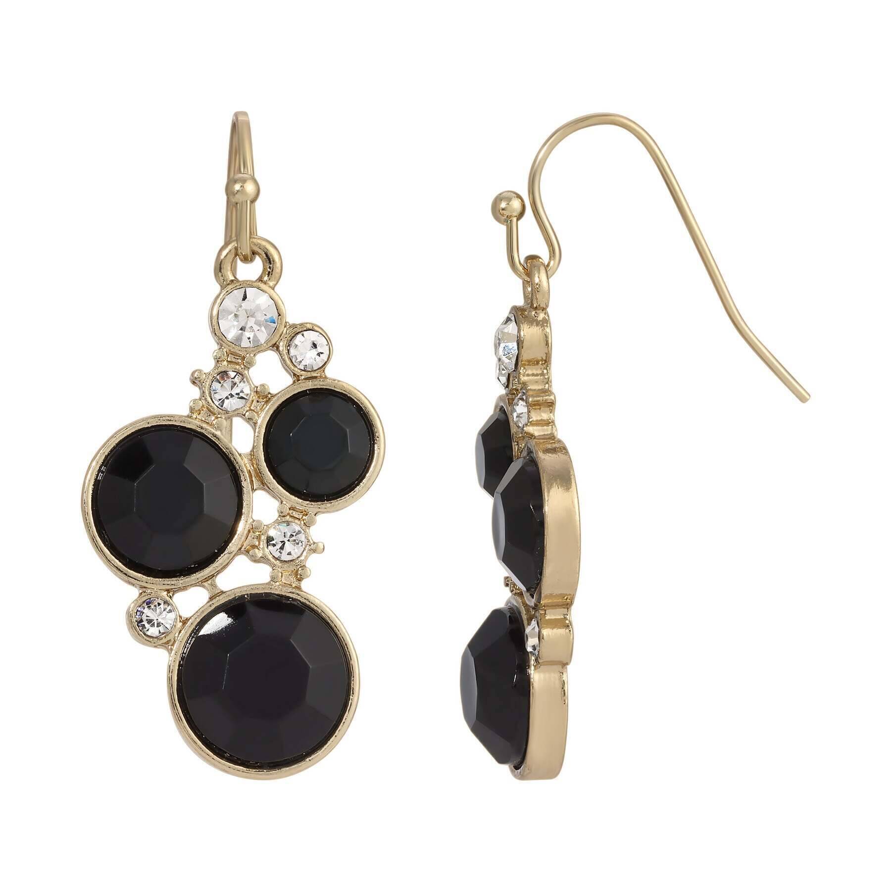 1928 Black Stone & Crystal Cluster Drop Earrings for Women - Elegant Dangle Earrings for Parties, Weddings & Evening Events