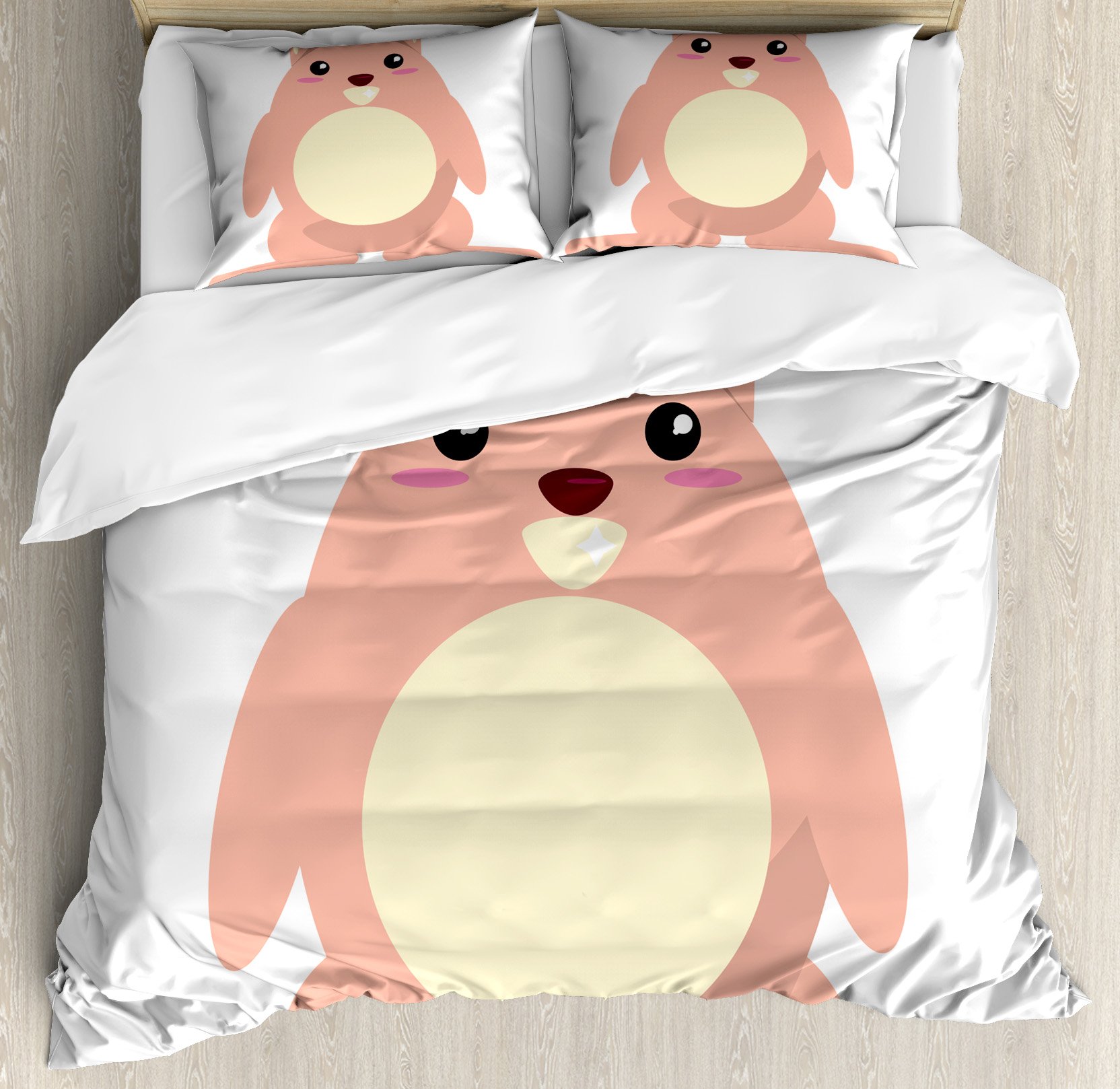 Ambesonne Anime Duvet Cover Set - Kawaii Style Beaver Cartoon Character 3-Piece Bedding Set with 2 Pillow Shams, King Size, Pale Coral & Cream | Fun Themed Bedroom Decor for Anime Fans & Kids Rooms