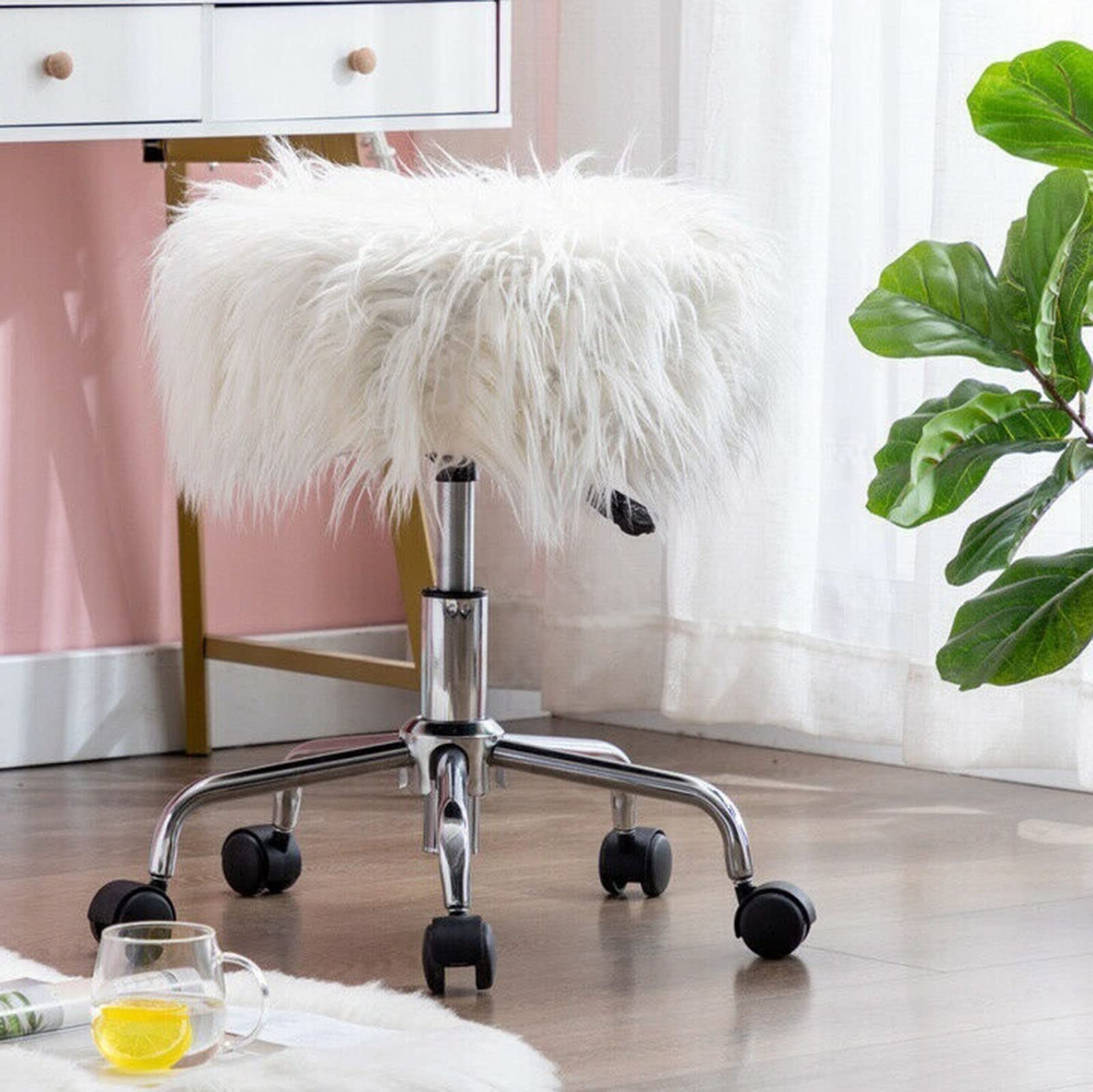 Modern Vanity Chair with Faux Fur Upholstery - White Fluffy Makeup Stool for Dressing Table, Classic Elegant Stool for Bedroom, Bathroom & Beauty Salon Use