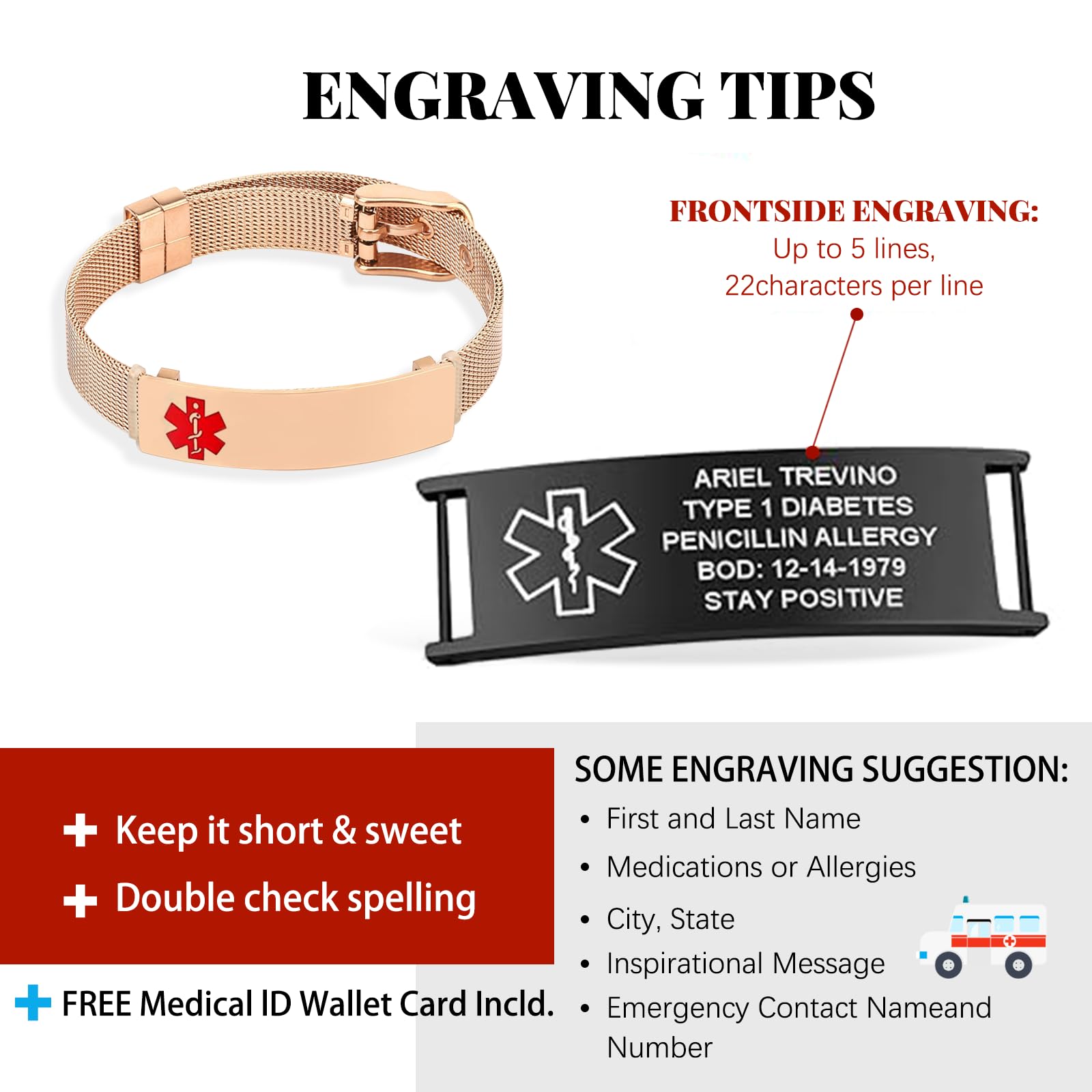 Personalized Medical Alert Bracelet for Women & Men - Custom Engraved Emergency ID Bracelet for Autism, Allergy, Diabetic & Epilepsy - Ideal for Daily Wear, Travel & Outdoor Activities