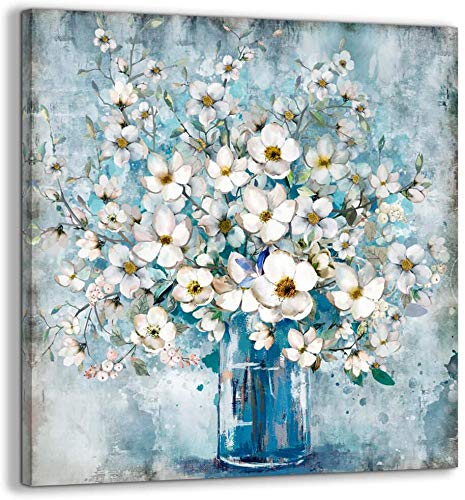Modern Blue Bottle White Flower Canvas Wall Art - Framed Bathroom Decor, Ready to Hang Gallery Print for Kitchen, Bedroom & Living Room - 30x30 Inches - Perfect for Home, Office & Spa Decor