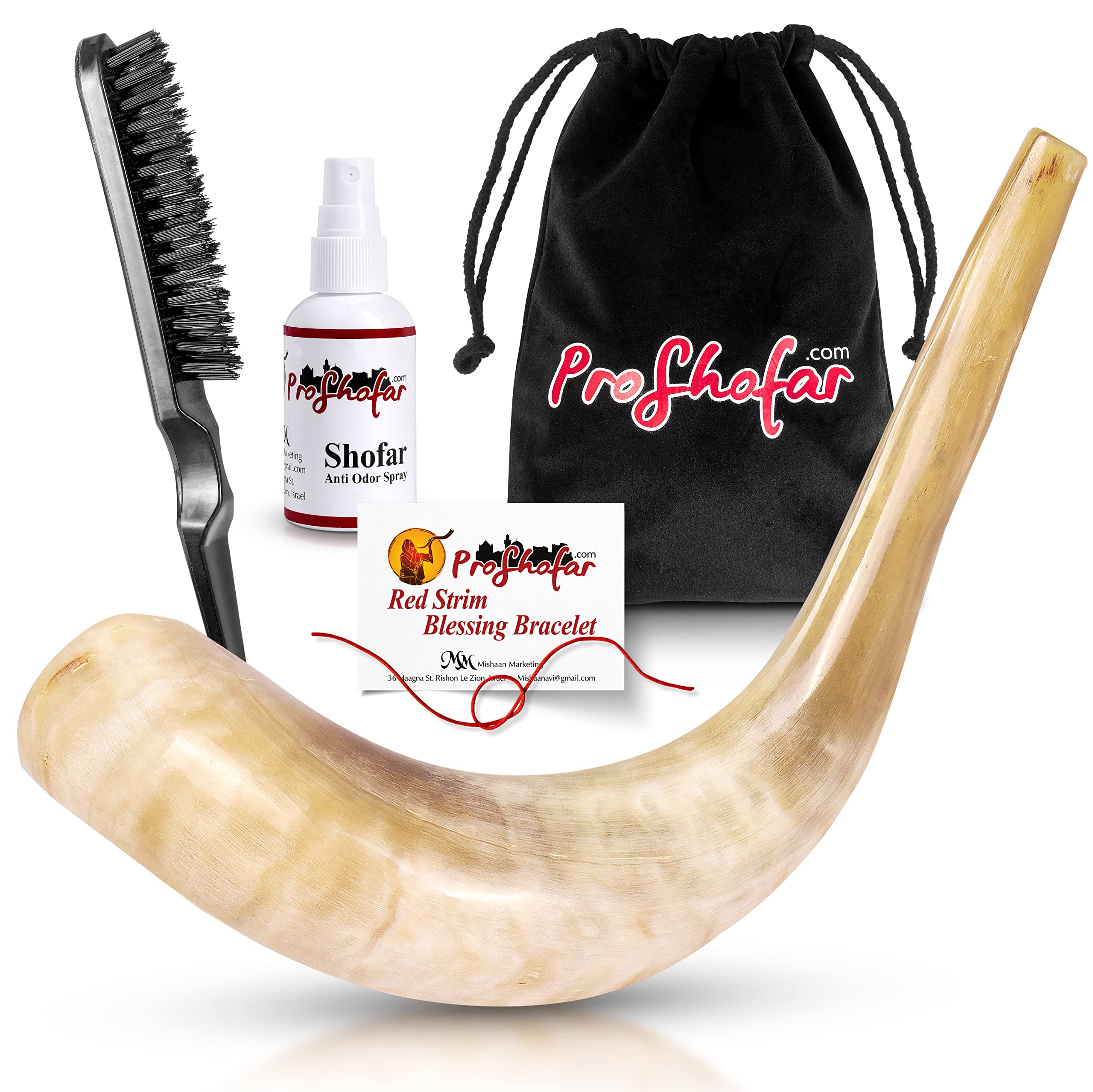 Authentic Polished Ram Shofar Set from Holy Land - Kosher Certified, Made in Israel with Velvet Carry Bag, Odor Neutralizer Spray, Cleaning Brush & Red Bracelet | Perfect for Jewish Holidays, Religious Ceremonies & Spiritual Practices