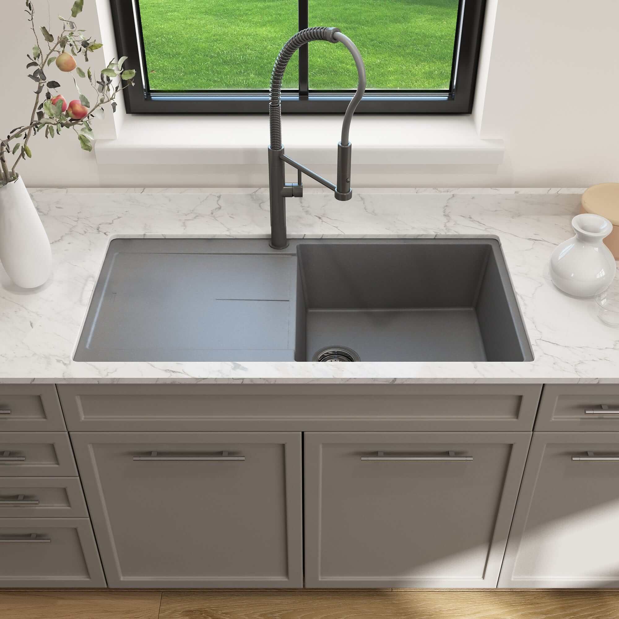 BOCCHI LEVANZO 20-Inch Dual Mount Single Bowl Granite Composite Kitchen Sink with Drain Board - Perfect for Modern Kitchens, Easy Food Prep & Dishwashing