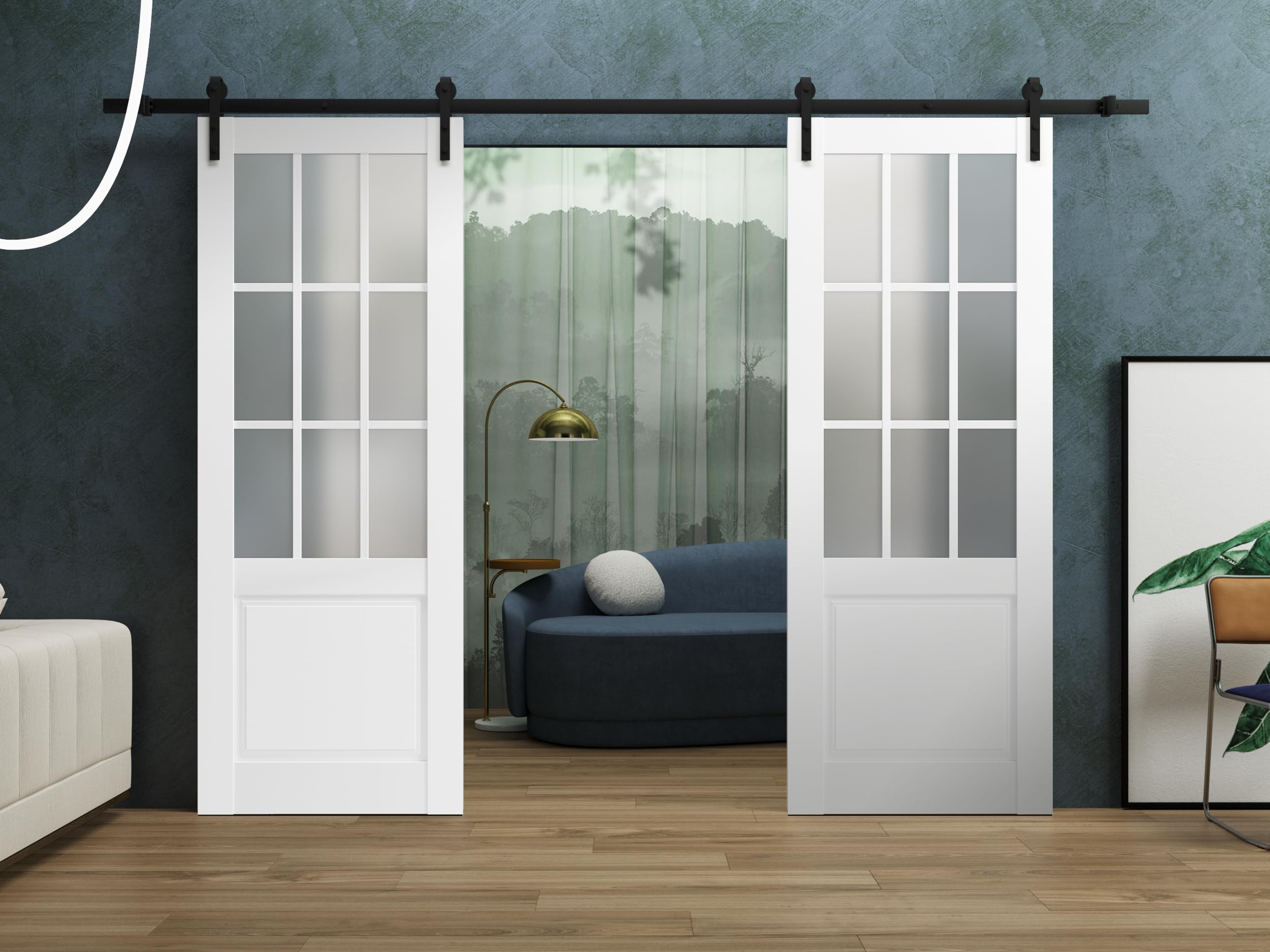 Sturdy 64x84 Inch Double Barn Door with Frosted Glass 9 Lites - Felicia 3309 Matte White | Top Mount 13FT Rail Hangers Heavy Duty Set | Solid Panel Interior Sliding Doors for Bedroom, Closet & Farmhouse Style Homes