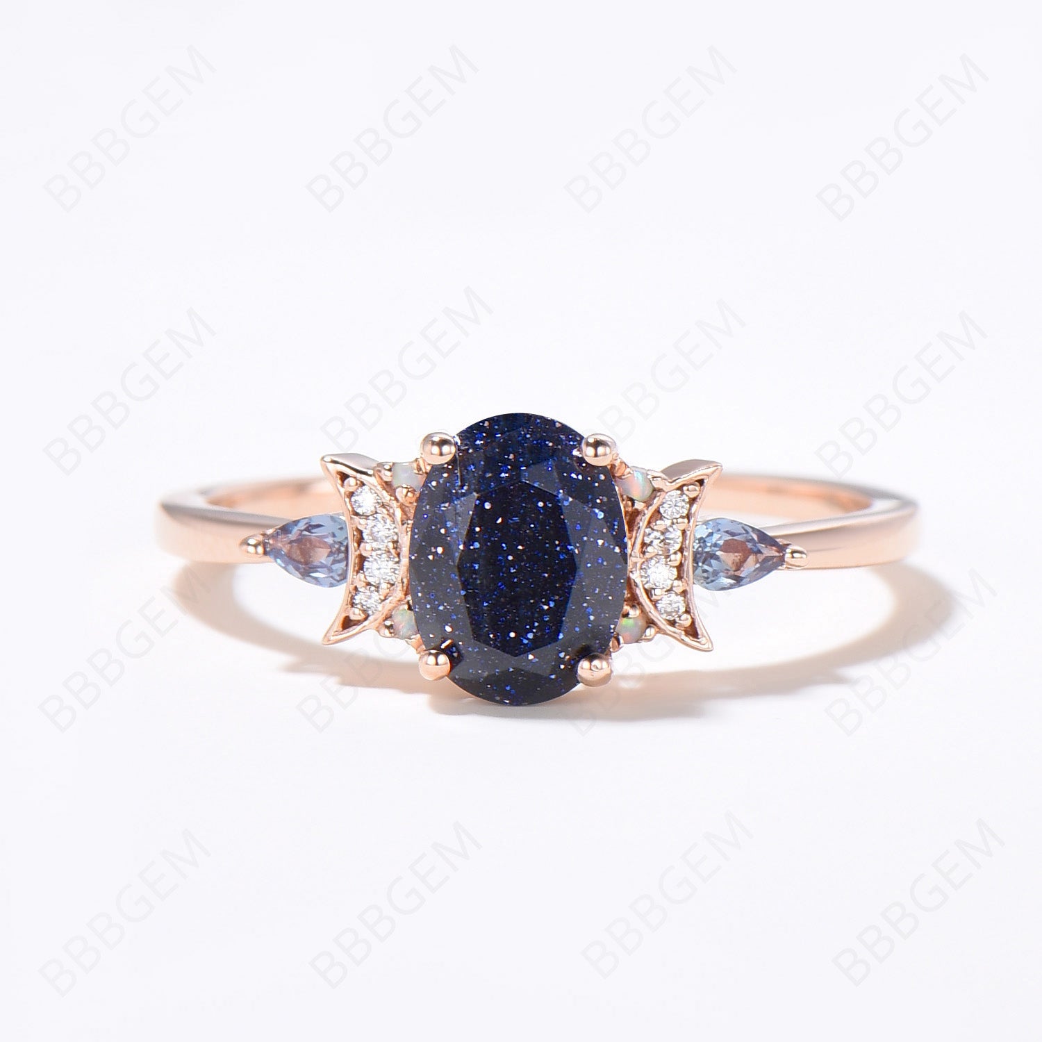 Oval Cut Galaxy Blue Sandstone Engagement Ring - Crescent Moon Moissanite Cluster Promise Ring in Rose Gold - Starry Goldstone Nebula Wedding Jewelry for Proposals, Anniversaries & Romantic Gifts