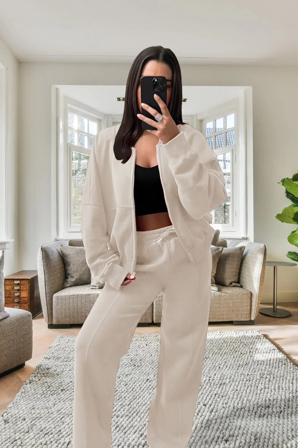 New Style Oversized Fleece Bomber Jacket with Zipper & Wide Leg Tracksuit Set - Cozy Winter Outfit for Streetwear, Casual Wear & Loungewear