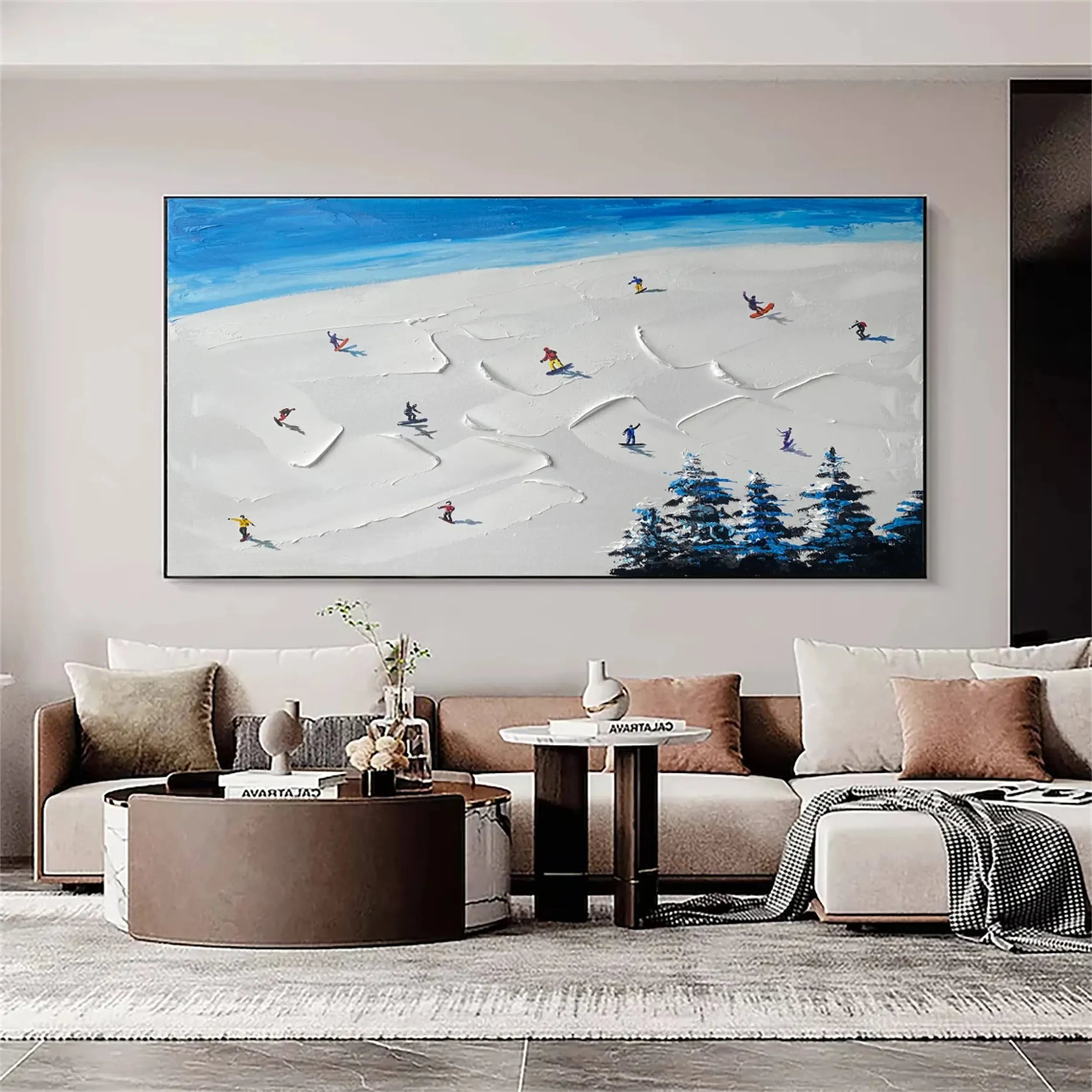 Premium Skiing Sport Art Textured Painting Canvas - Mountain Landscape Wall Decor #MM220 | Perfect for Ski Lodge, Cabin & Winter-Themed Home Decor