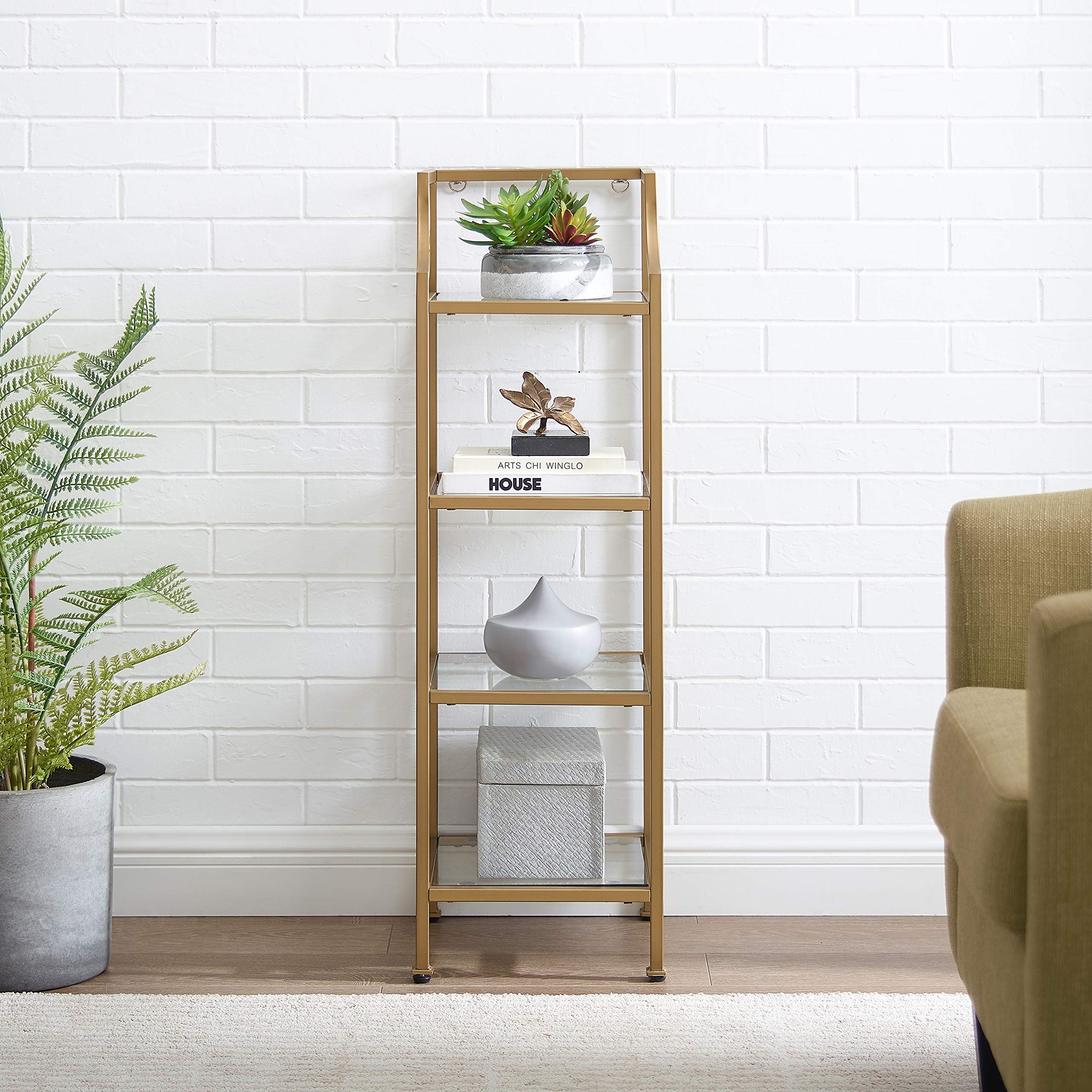 Crosley Aimee Short Bookshelf with Glass Shelves - Small Gold & Glass Bookcase for Home Office, Living Room, Bedroom Storage & Decor