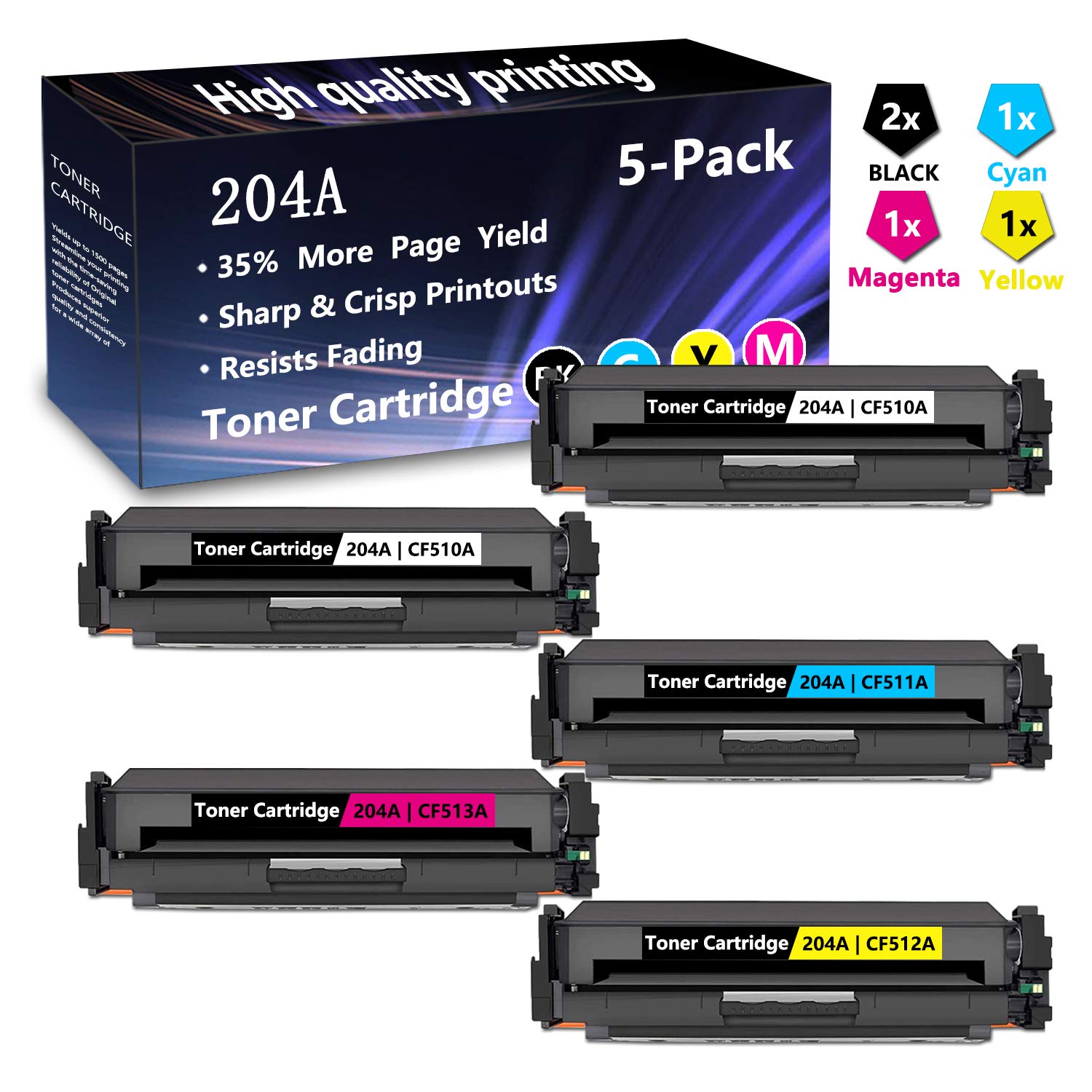 5-Pack (2BK+1C+1M+1Y) 204A/CF510A/CF511A/CF512A/CF513A Compatible Toner Cartridge Replacement for HP Color Pro M154a/M154nw/MFP M180n/MFP M181fw/MFP M181fdw/MFP M180nw Printers - High-Yield Printing for Home Office & Small Business Use