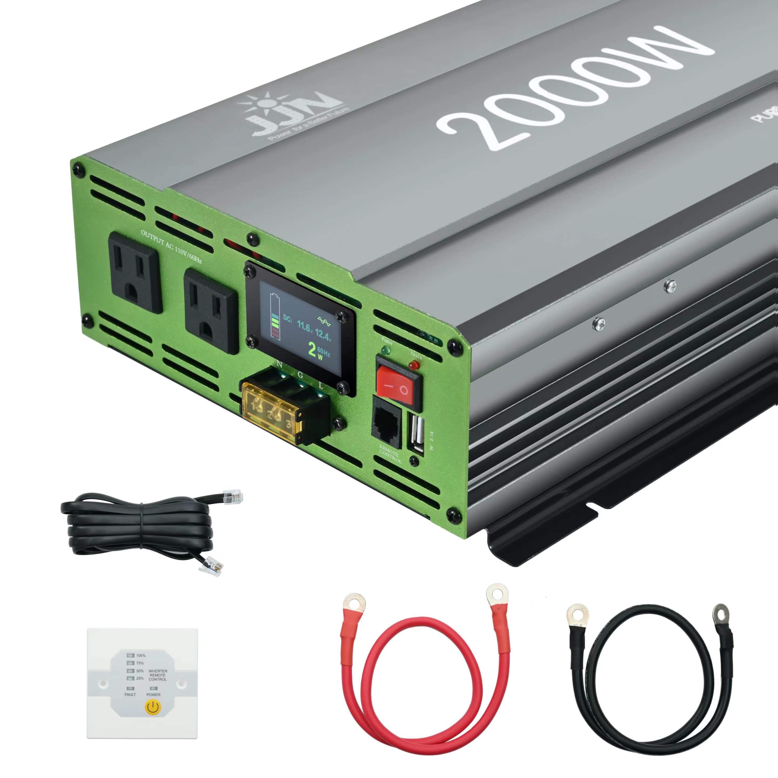 2000W Pure Sine Wave Power Inverter 12V DC to 120V AC with LCD Display & Remote - Solar, RV, Truck, Marine & Home Backup Power Converter for Off-Grid Living, Road Trips & Emergency Power Outages