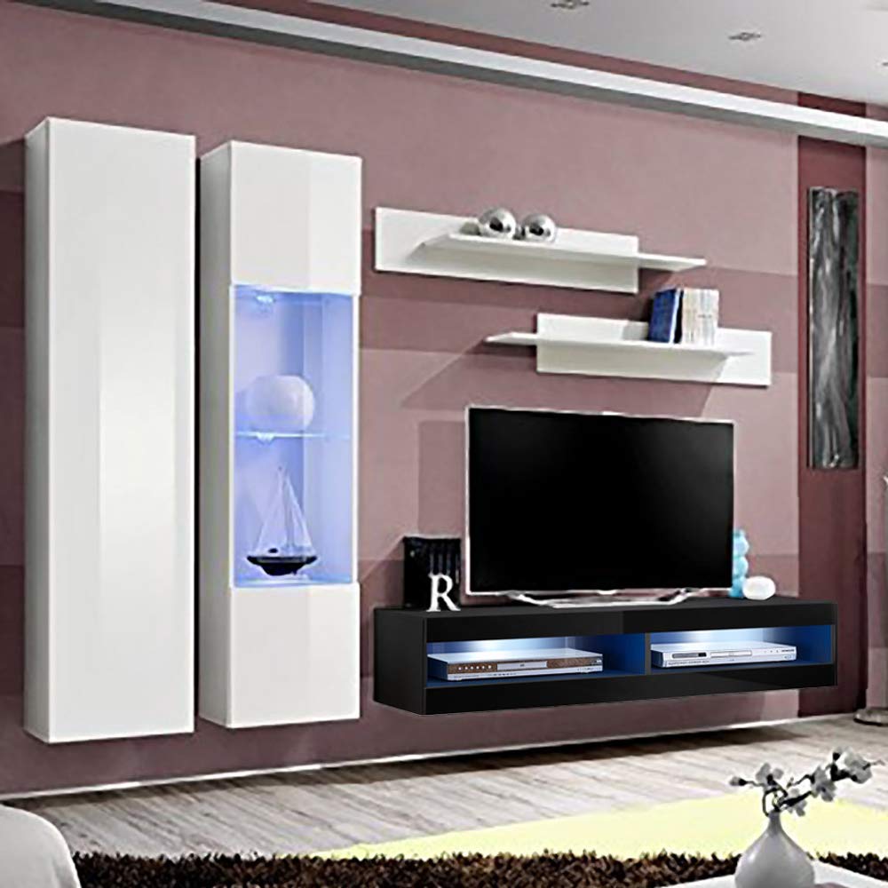 Modern Floating TV Stand with Storage & LED Lights - Wall Mounted Entertainment Center for Bedroom & Living Room - White/Black A5 34TV Console with Shelves - Perfect for Small Spaces & Home Theater Setup