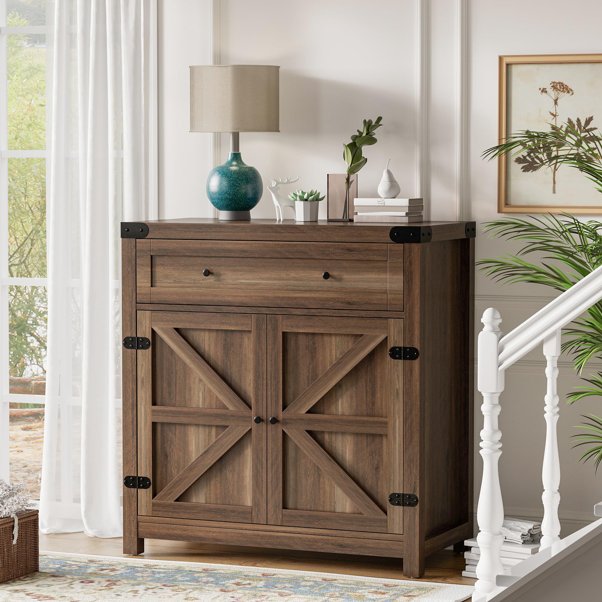 Flamaker Rustic Sideboard Buffet Cabinet with Storage - Farmhouse Coffee Bar Cabinet with 1 Drawer & 2 Barn Doors - Kitchen, Dining Room, Entryway Storage Solution - Perfect for Entertaining, Displaying Decor & Organizing Dishes (Brown)